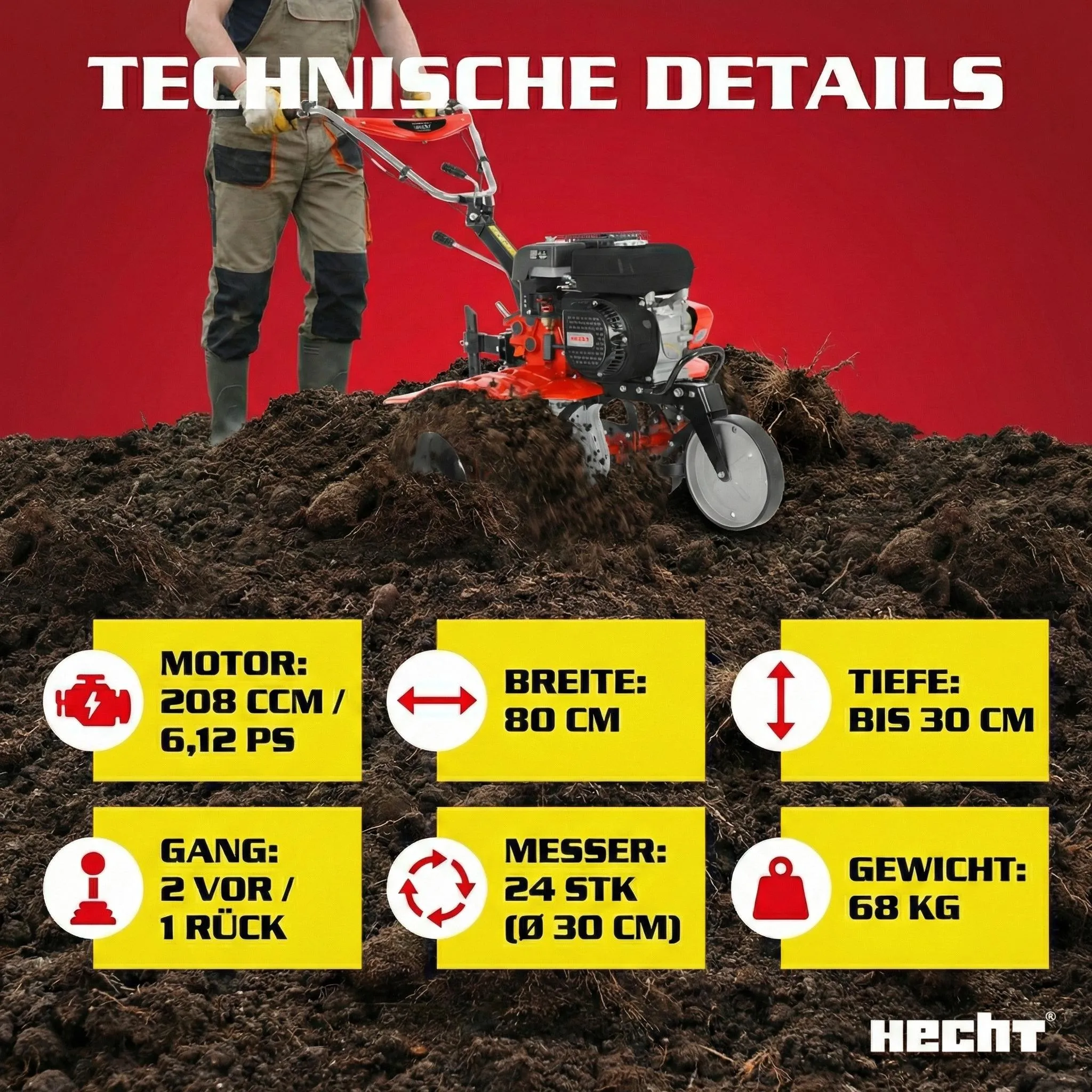HECHT 796 Motorhacke Benzin | 80 cm Arbeitsbreite | 30 cm Arbeitstiefe | 6,12 PS | 208 cm³ | 24 Messer – Bild 7