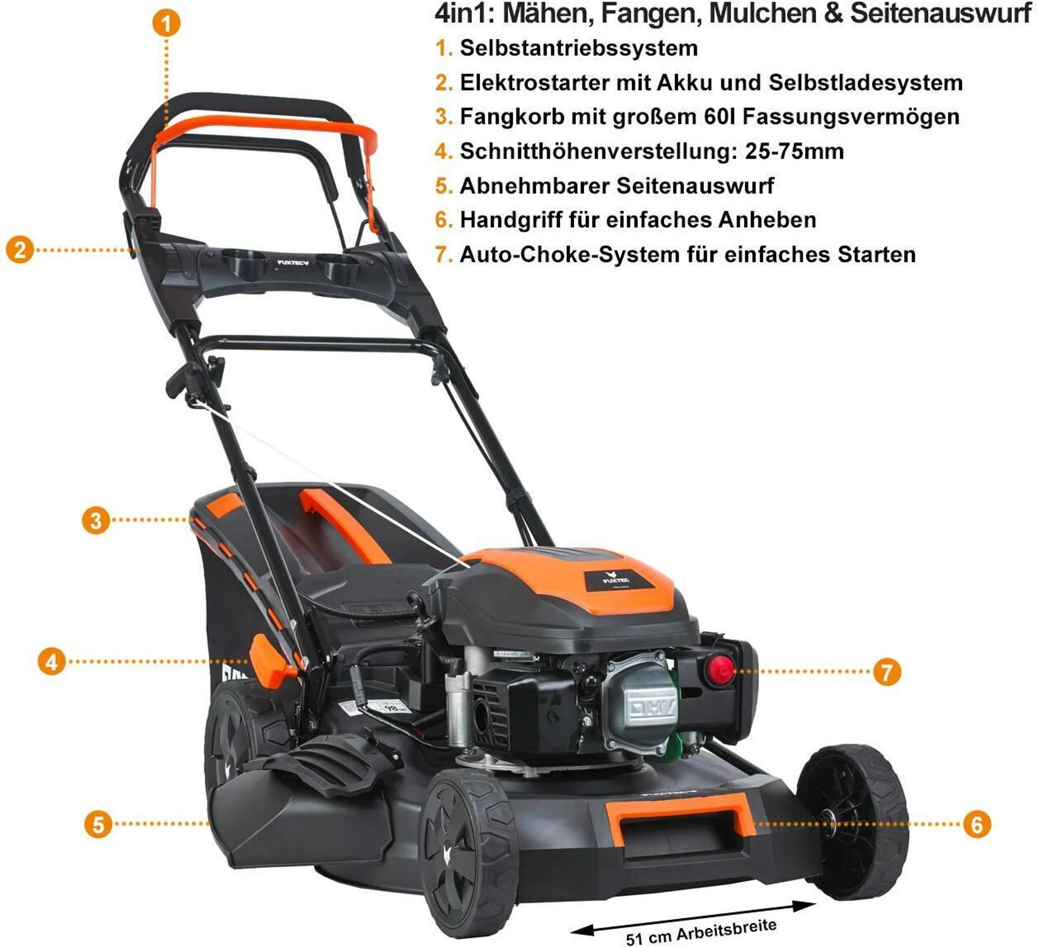 FUXTEC 4in1 Benzin Rasenmäher FX-RM5170es - 170ccm | 51cm | 28Kg | 4-Takt | E-Start | Mulchfunktion | Seitenauswurf | 60L | EasyClean | bis 1000m² – Bild 6