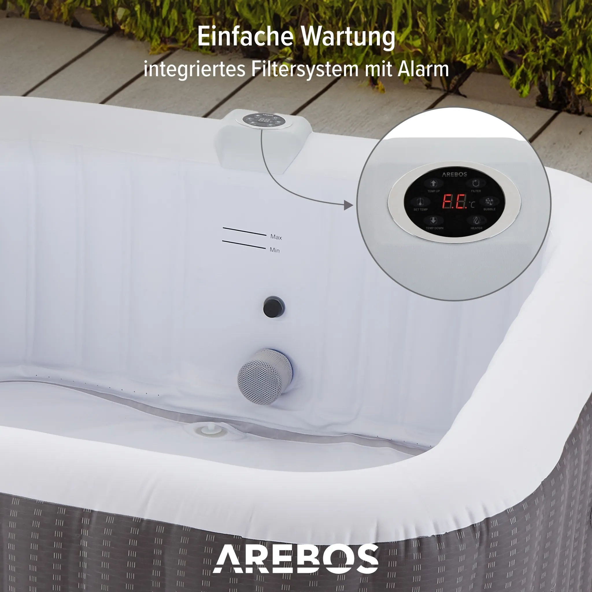 AREBOS Aufblasbarer Whirlpool "Barcelona", 185x185 cm, In- & Outdoor, mit Heizung, 910 Liter, Inkl. Abdeckung, Bubble Spa & Wellness Massage 6 Person – Bild 8