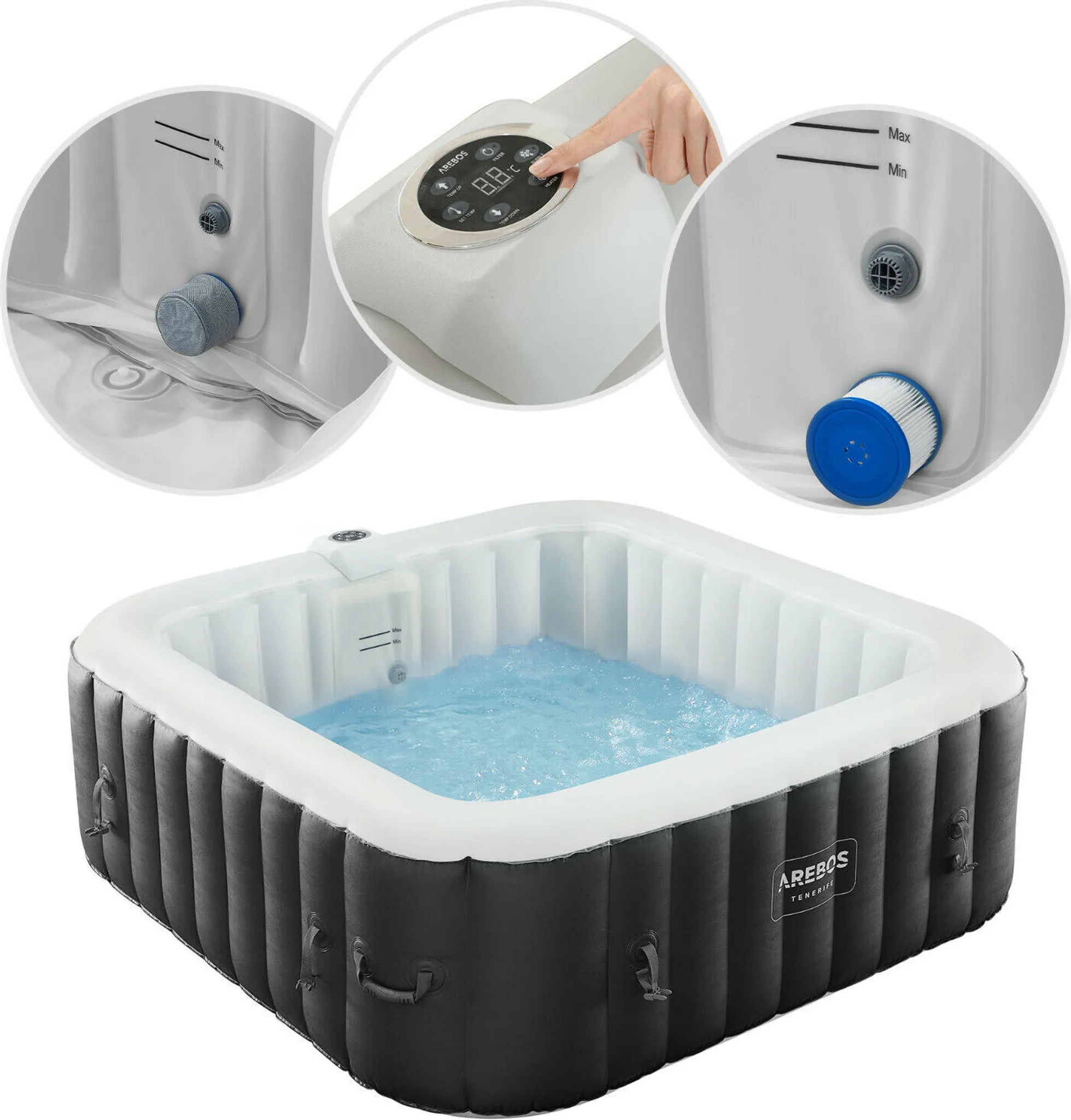 AREBOS Spa Whirlpool 6 Personen | 185x185 cm, 130 Düsen, LED & Bubble Massage – Bild 7
