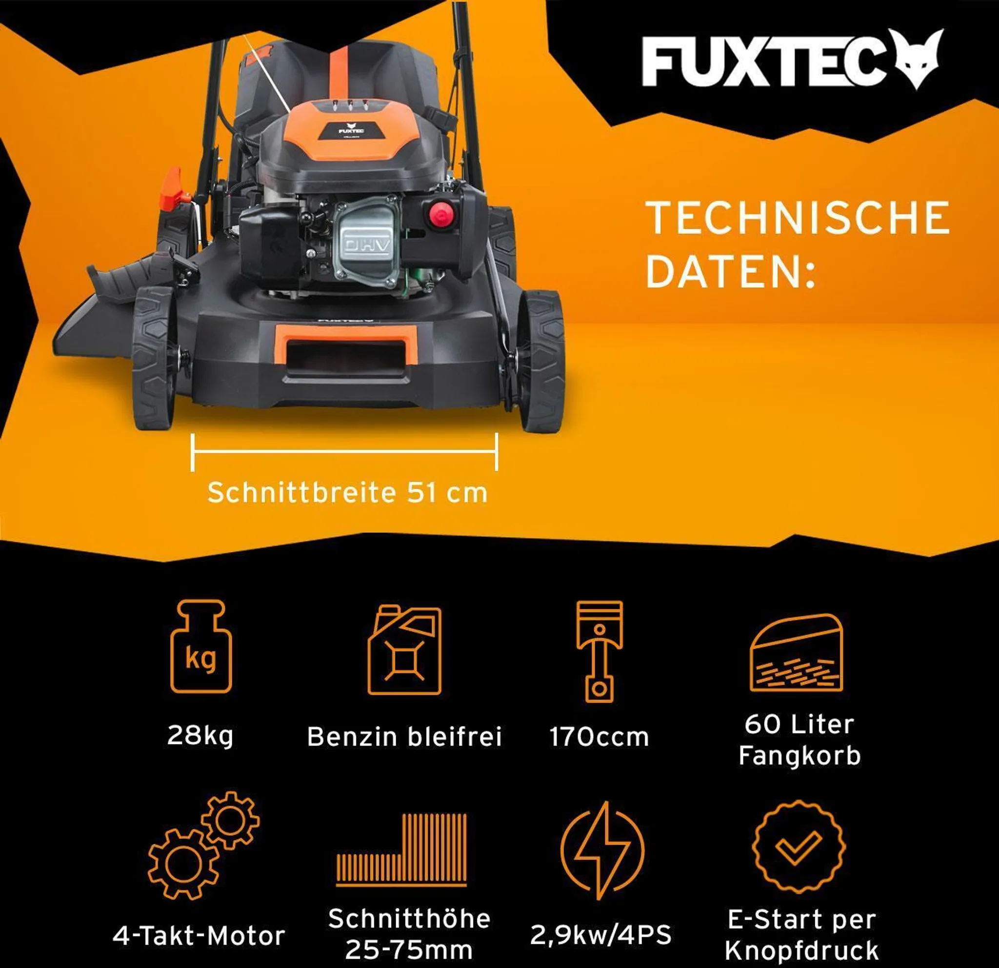 FUXTEC 4in1 Benzin Rasenmäher FX-RM5170es - 170ccm | 51cm | 28Kg | 4-Takt | E-Start | Mulchfunktion | Seitenauswurf | 60L | EasyClean | bis 1000m² – Bild 3