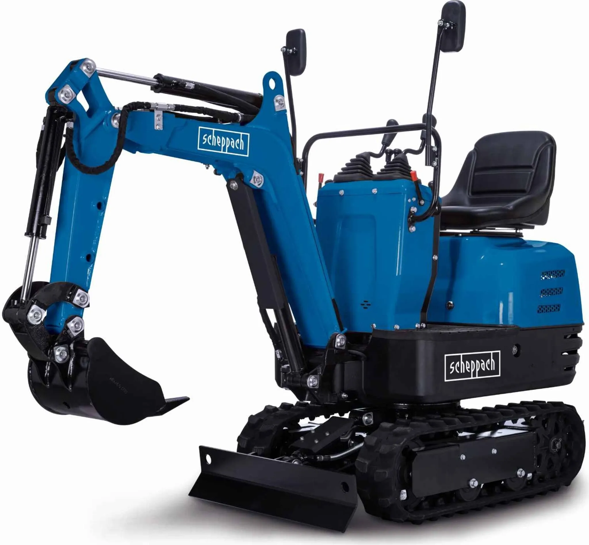 Benzin Mini-Bagger EXC815 Scheppach - 8,5PS | Grabtiefe 1200mm | Grabweite 2330mm | 690mm Spurbreite | Kettenantrieb E-Start Schaufel & Planierschild