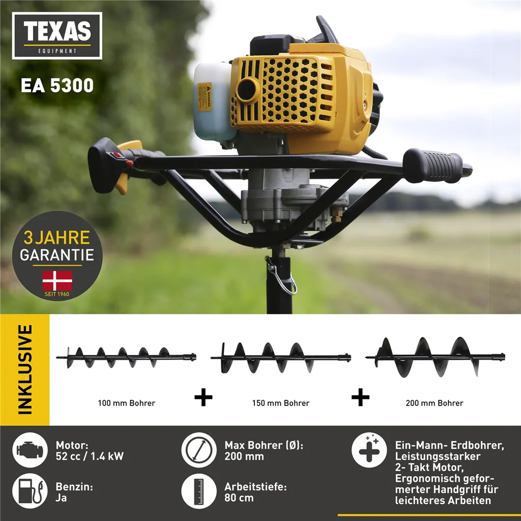 TEXAS Erdbohrer Erdlochbohrer Benzin Pfahlbohrer Erdbohrgerät EA5300 52ccm 1,9PS – Bild 2