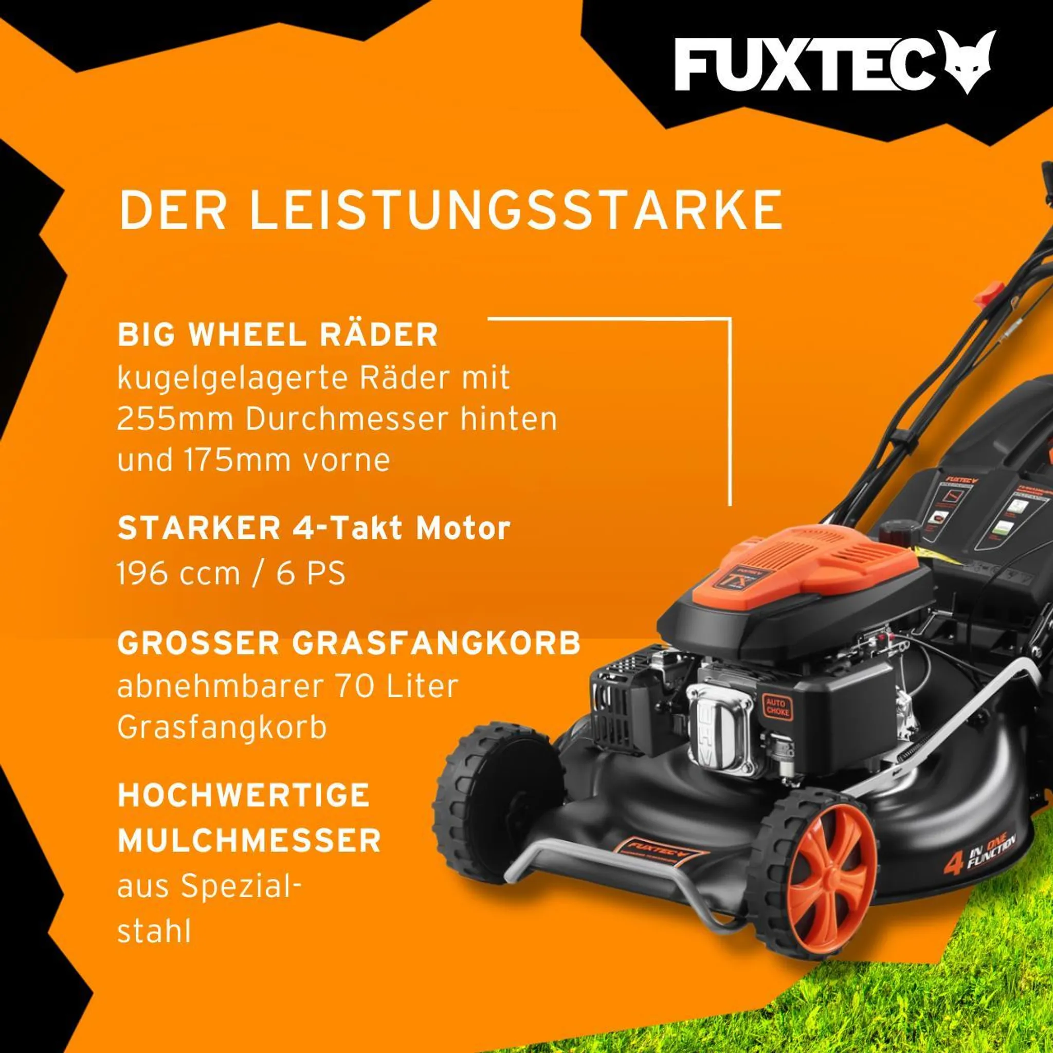 FUXTEC 4in1 Benzin Rasenmäher FX-RM5396es-PRO - 196ccm | 53cm | 42Kg | E-Start | Selbstantrieb | 70L | Mulchfunktion | 4-Tackt | Seitenauswurf – Bild 5