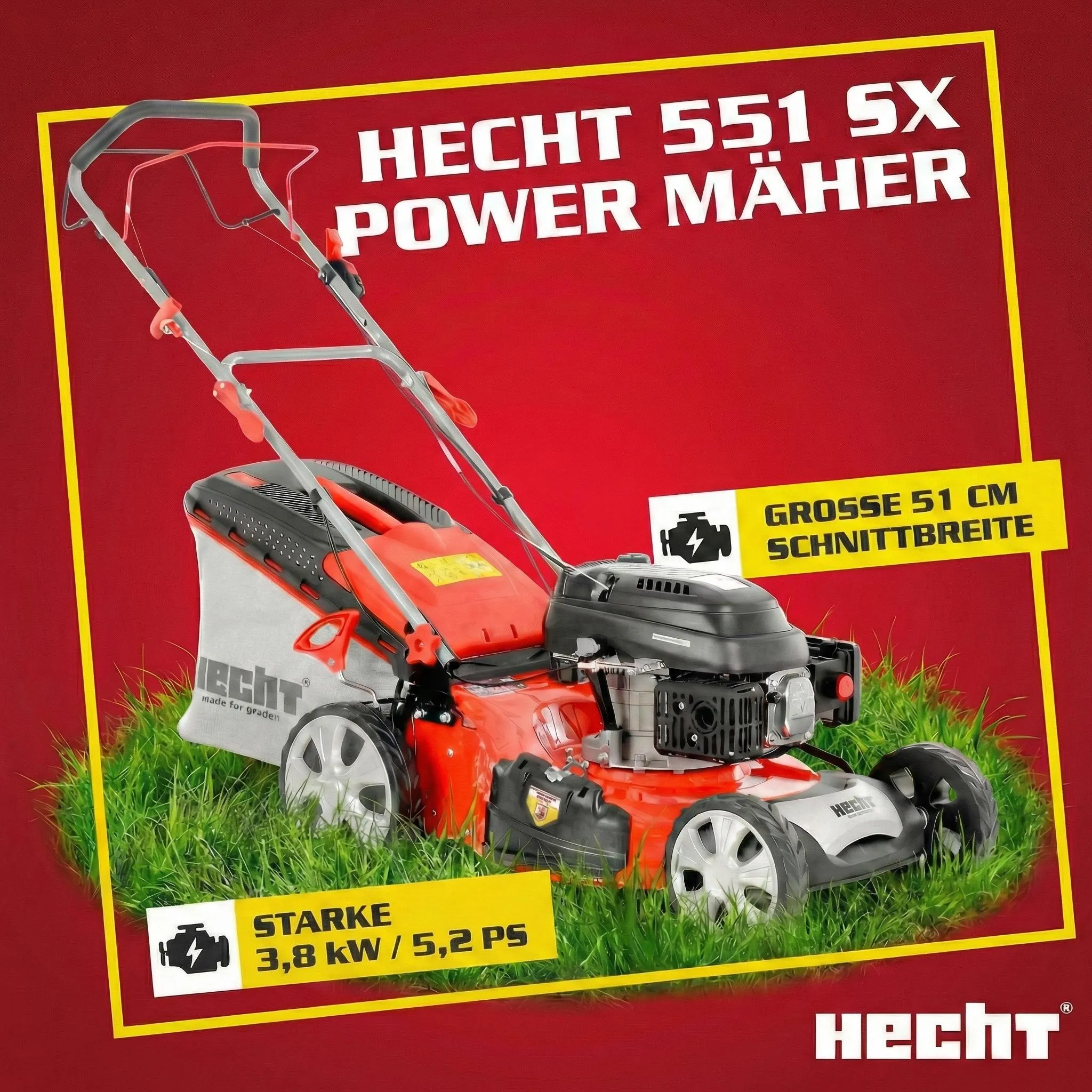 HECHT Rasenmäher Benzin mit Antrieb 551 SX | 51 cm Schnittbreite | 5in1 | 5,5 PS | Mulchkit | 65 L Fangkorb – Bild 2