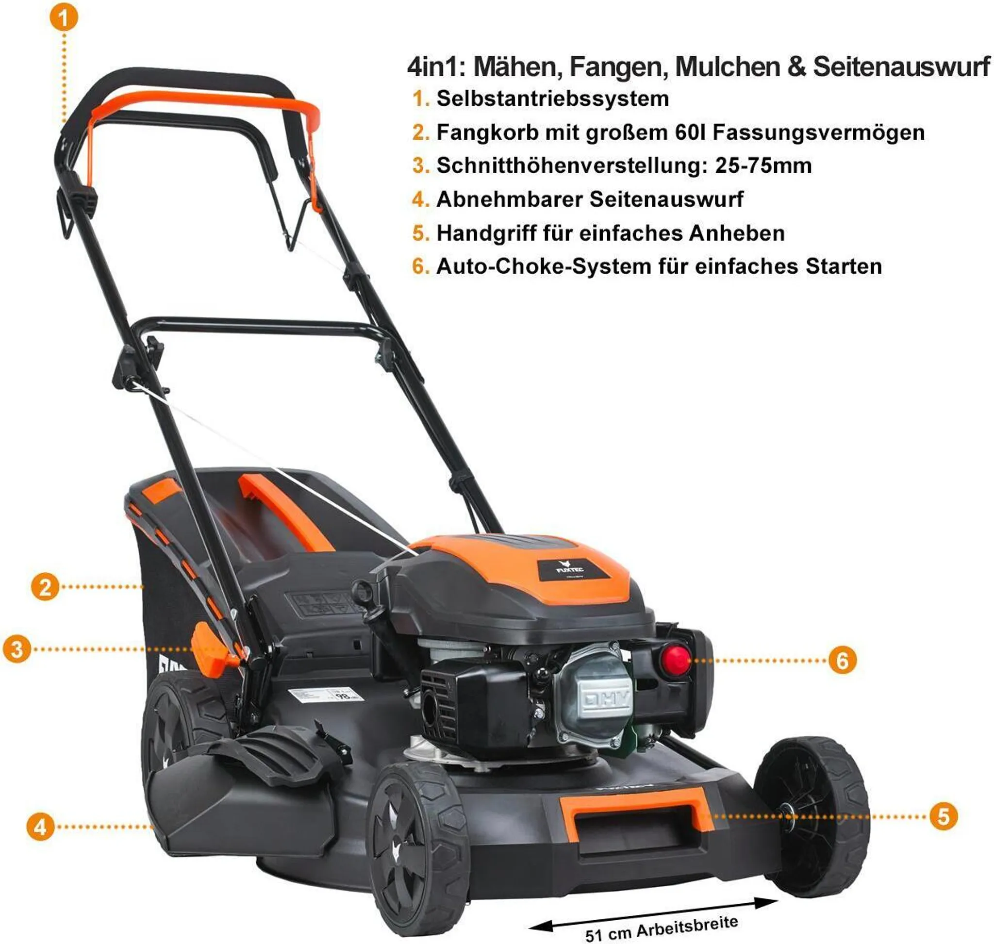 FUXTEC Benzin Rasenmäher FX-RM5170 - 170ccm | 51cm | 28Kg | 4-Takt | Selbstantrieb | Mulchfunktion | Seitenauswurf | 60L Fangkorb | bis 1000m² – Bild 6