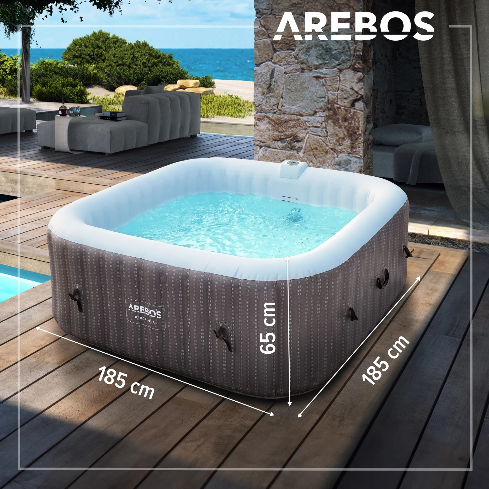 AREBOS Aufblasbarer Whirlpool "Barcelona", 185x185 cm, In- & Outdoor, mit Heizung, 910 Liter, Inkl. Abdeckung, Bubble Spa & Wellness Massage 6 Person – Bild 10