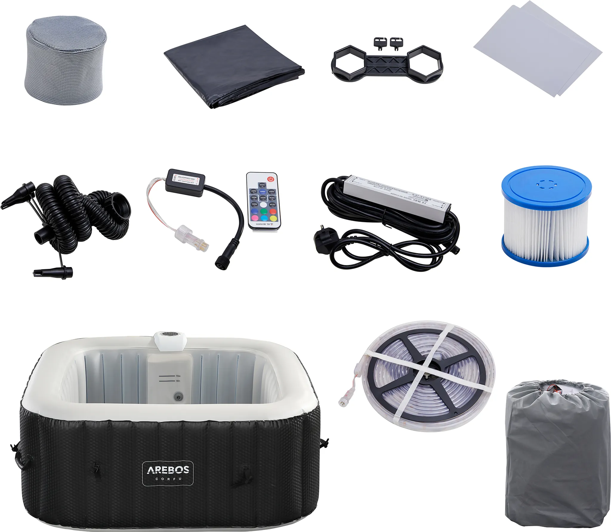 AREBOS Whirlpool, In- & Outdoor, mit LED, aufblasbar, quadratisch, 600 L, 4 Personen, 154 x 154 cm, 100 Massagedüsen, mit Heizung, Inkl. Abdeckung – Bild 2
