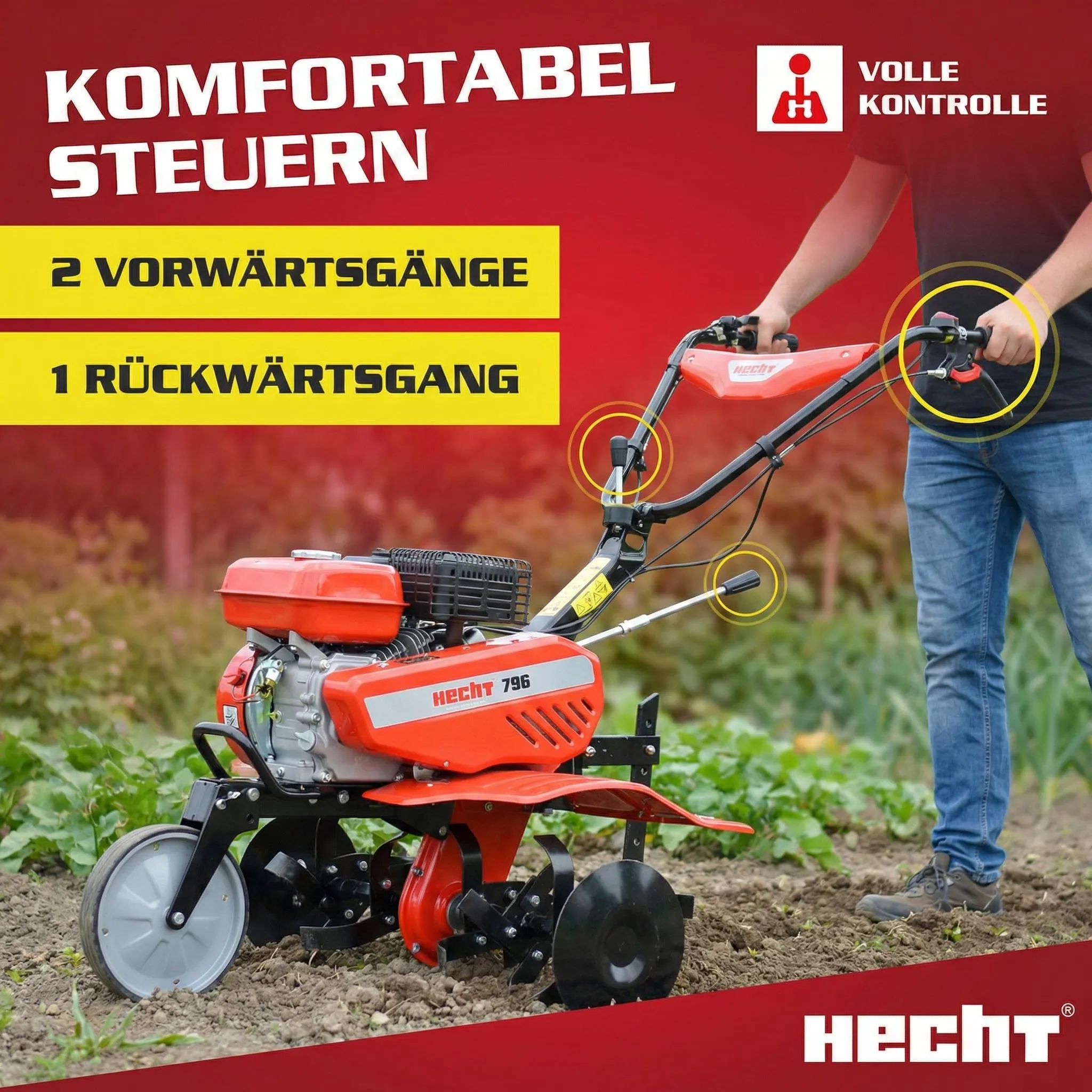 HECHT 796 Motorhacke Benzin | 80 cm Arbeitsbreite | 30 cm Arbeitstiefe | 6,12 PS | 208 cm³ | 24 Messer – Bild 3
