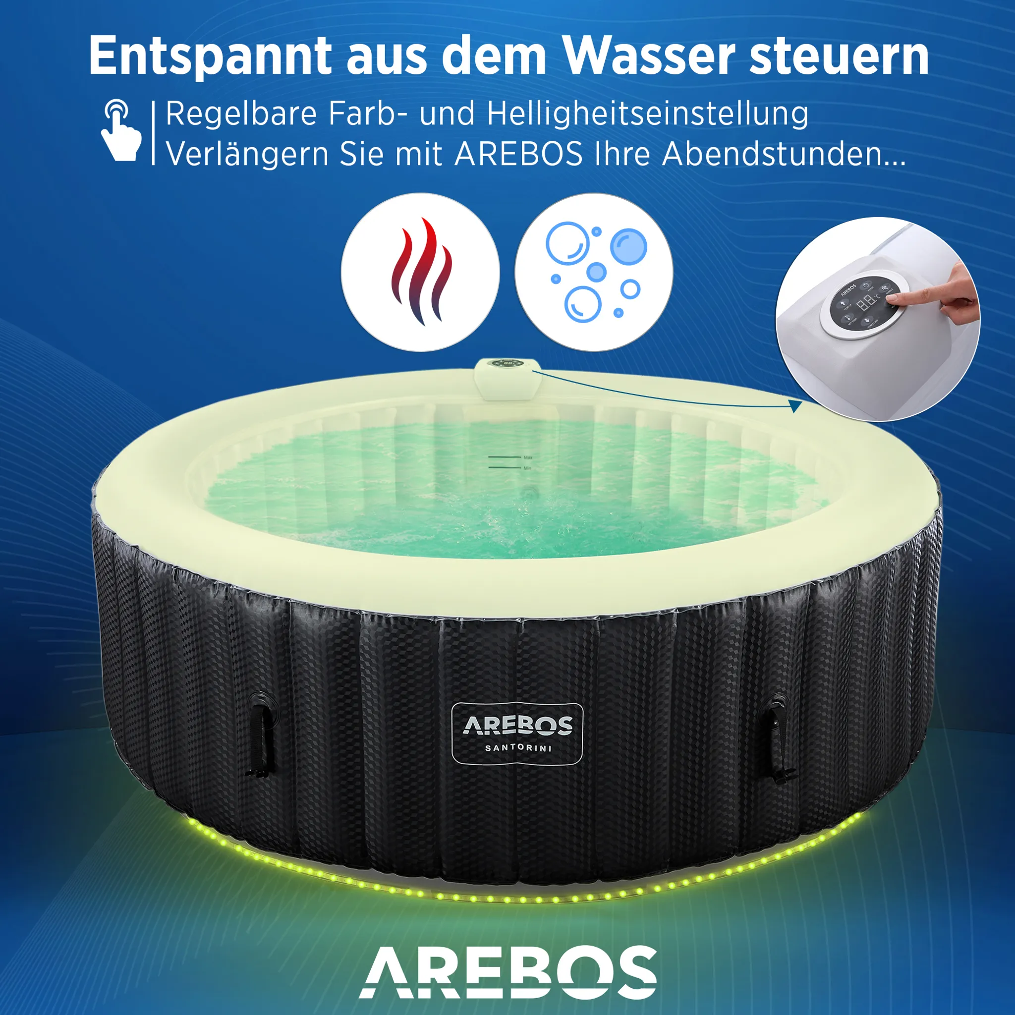 AREBOS Whirlpool, aufblasbar, 6 Pers., Ø 208 cm, 1000L, LED, 130 Düsen, Abdeckung – Bild 4