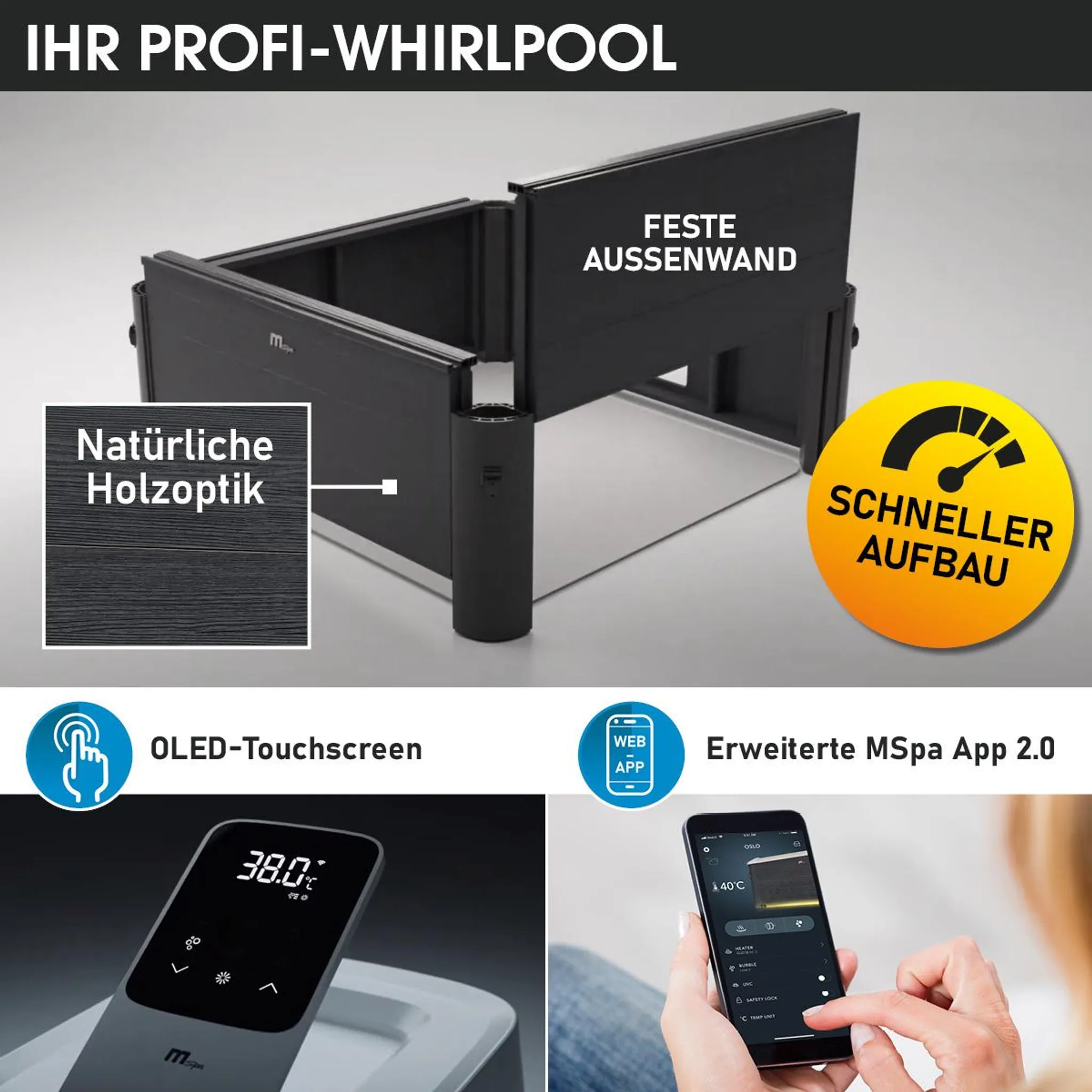 BRAST Whirlpool MSpa Oslo Plus XXL mit Fester Außenwand | LED-Beleuchtung 20 einstellbare Farben für 6 Personen | 180x180x65cm | 140 Massagedüsen | Ganzjähriger Einsatz Winterfest | In & Outdoor Pool – Bild 4