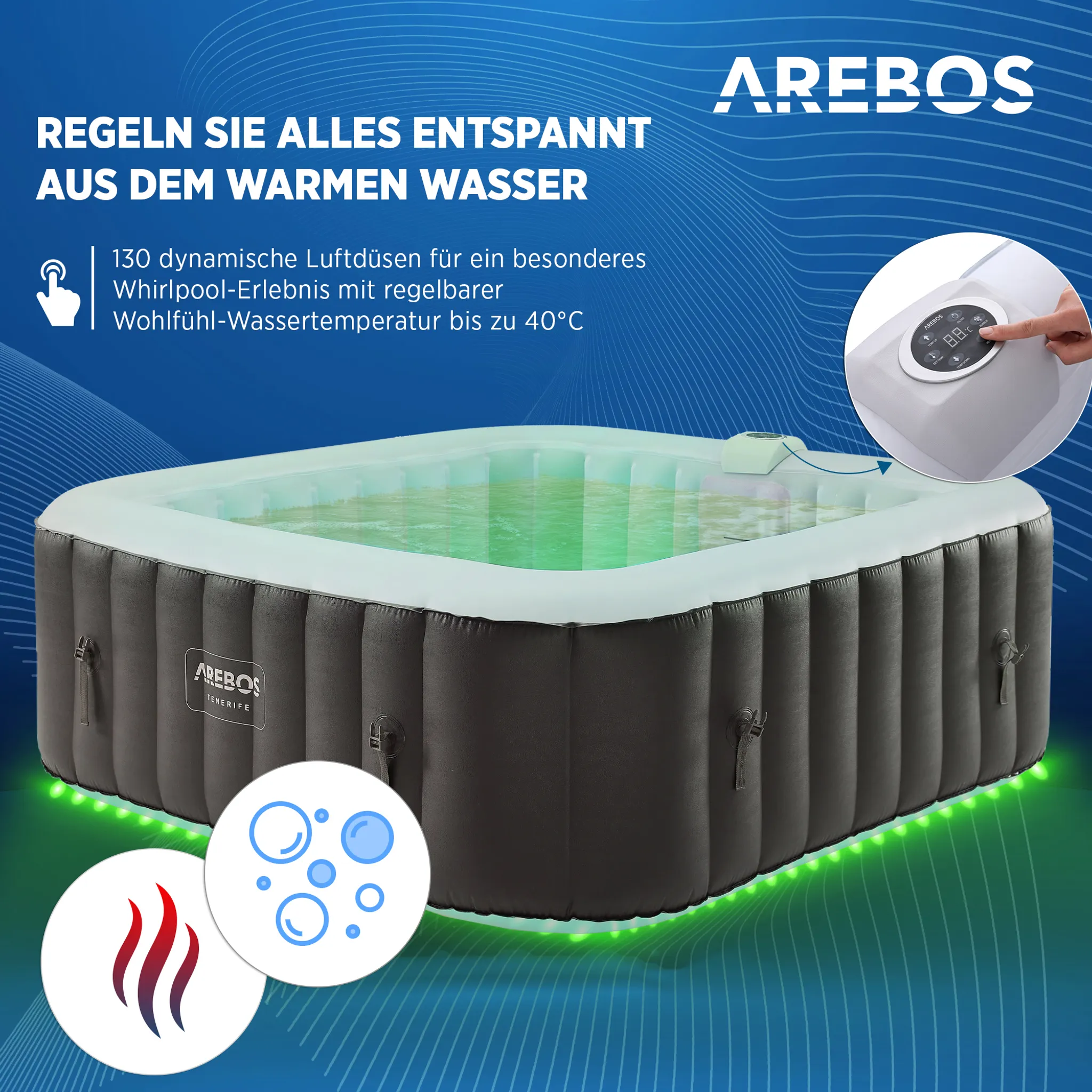 AREBOS Whirlpool 2400W | Aufblasbarer 185x185 910 L | 6 Personen | LED & 130 Düsen – Bild 7