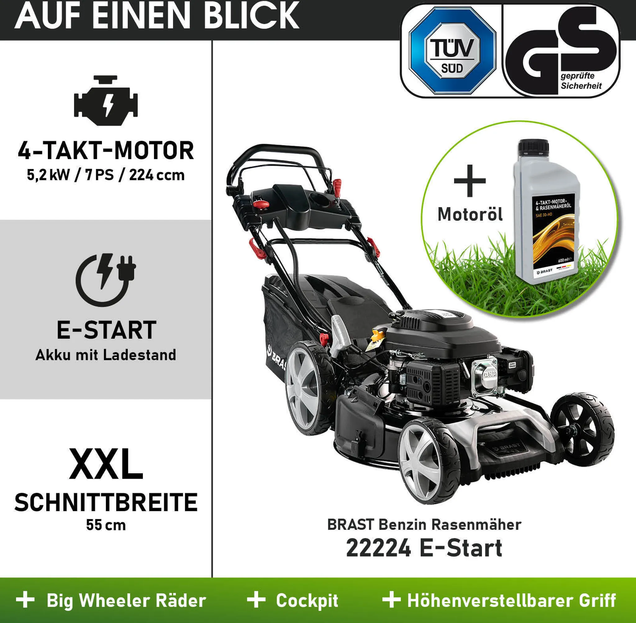 BRAST Benzin Rasenmäher 22224 ESTART inkl. Motoröl – Bild 9
