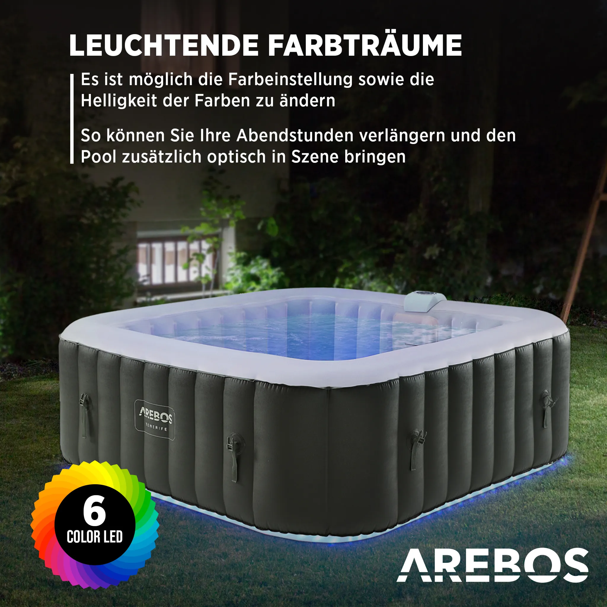 AREBOS Whirlpool 2400W | Aufblasbarer 185x185 910 L | 6 Personen | LED & 130 Düsen – Bild 4