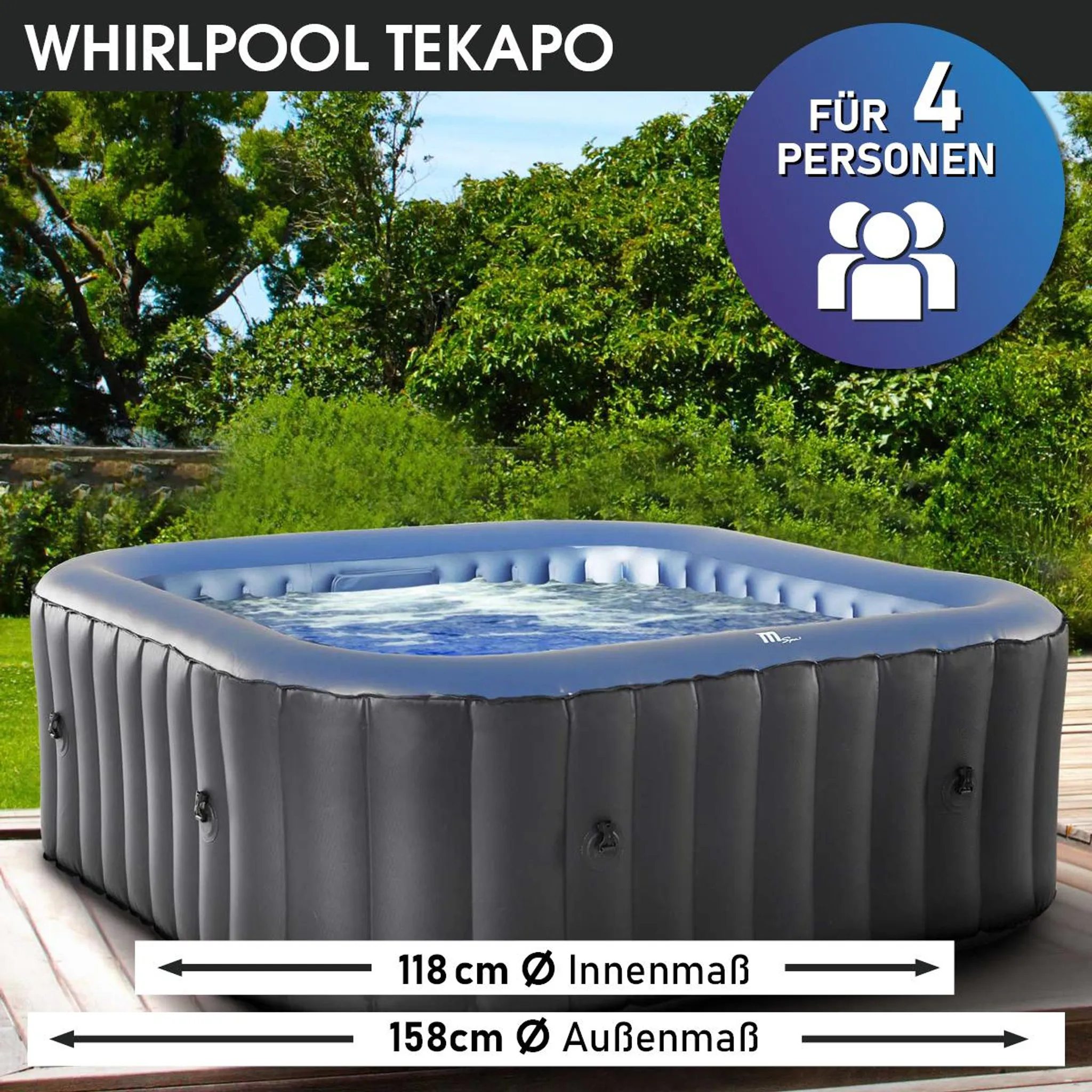 BRAST Whirlpool aufblasbar MSpa Tekapo für 4 Personen 158x158cm In-Outdoor Pool 108 Massagedüsen Energiespar-Timer Heizung Aufblasfunktion per Knopfdruck Bubble Spa Wellness Massage – Bild 3