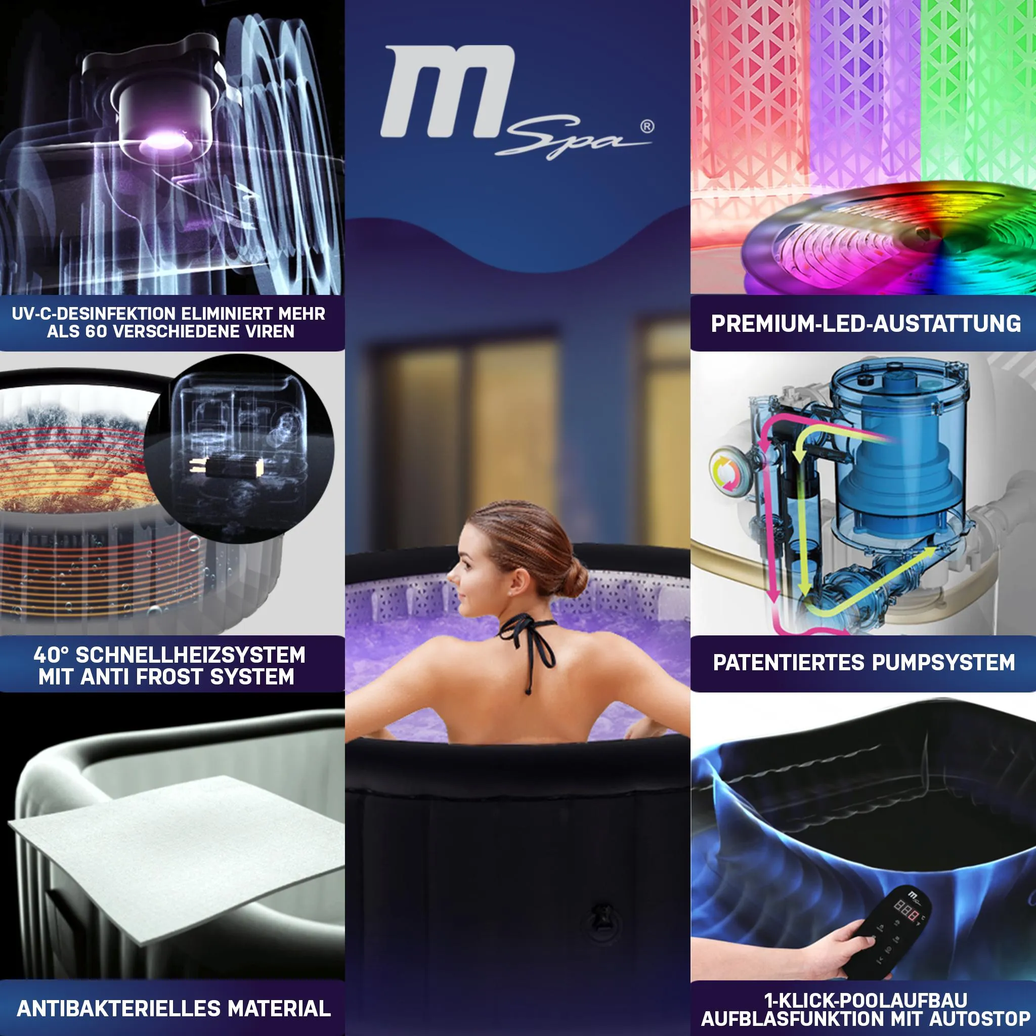 MSpa Whirlpool Urban Aurora | 6 Personen Pool - aufblasbar - UVC+ Filter - LED RGB Band - Ozon-Desinfektion - Anti-Frost - mit Zubehör - 204 x 70 cm – Bild 2