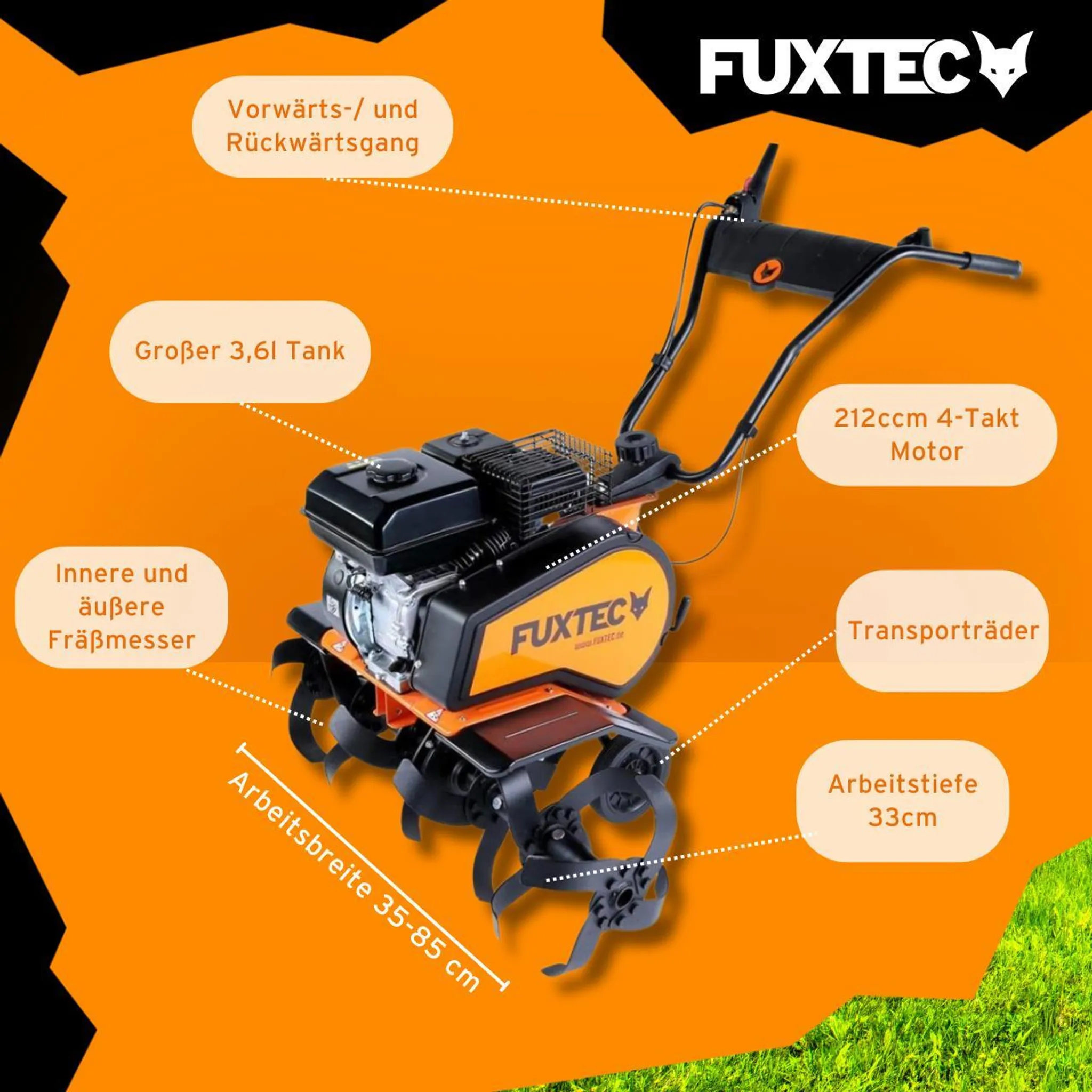 FUXTEC Ackerfräse FX-AF1212 - 85cm Breite | 4-Takt | 212ccm | 58kg | 0,6l | 4,1kw | Seilzugstarter – Bild 7