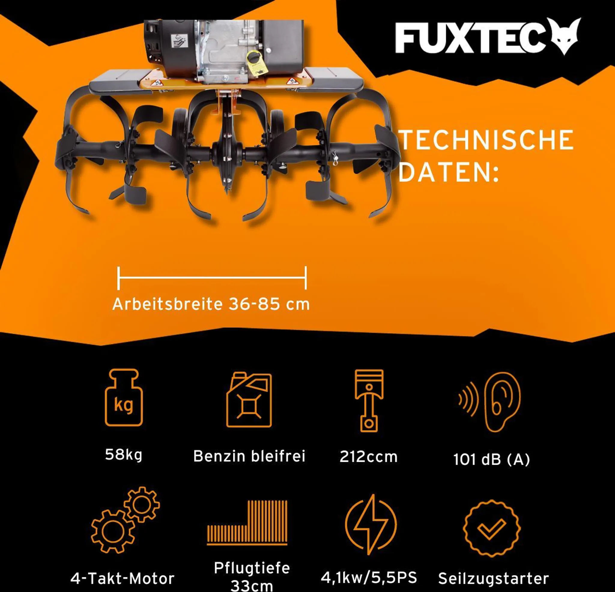 FUXTEC Ackerfräse FX-AF1212 - 85cm Breite | 4-Takt | 212ccm | 58kg | 0,6l | 4,1kw | Seilzugstarter – Bild 3