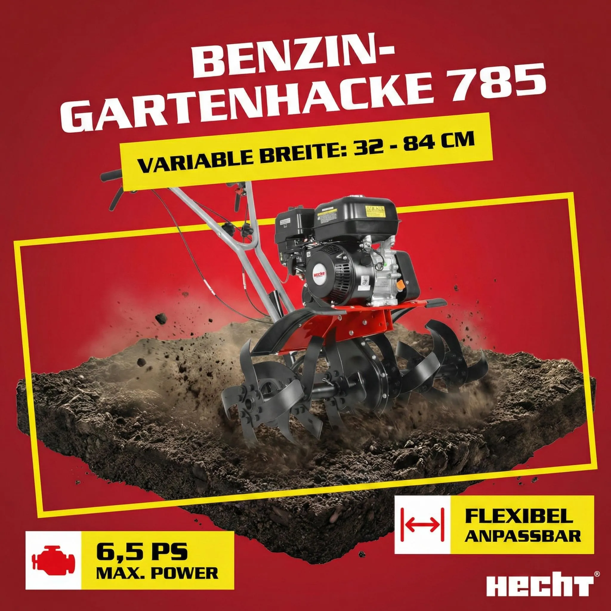 HECHT 785 Motorhacke Benzin | 32-84 cm Arbeitsbreite | 32 cm Arbeitstiefe | 6,5 PS | 4,5 kW | 196 cm³ – Bild 2