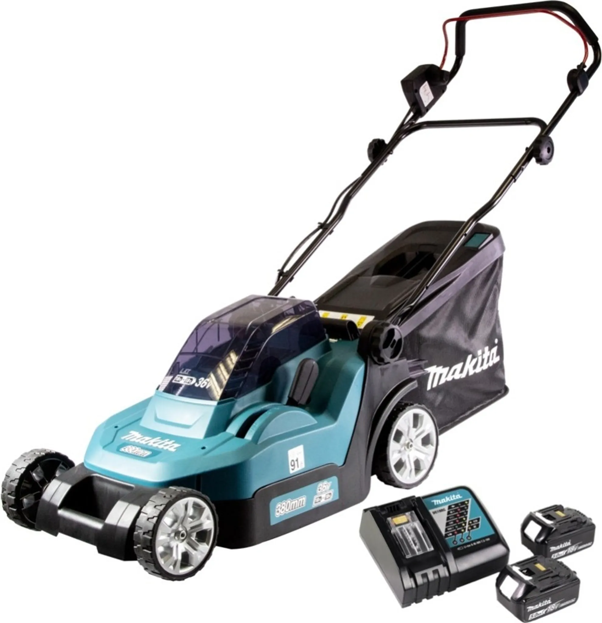 Makita DLM 382 RT2 Akku Rasenmäher 36 V ( 2x 18 V ) 38 cm 40 l + 2x Akku 5,0 Ah + Ladegerät – Bild 2