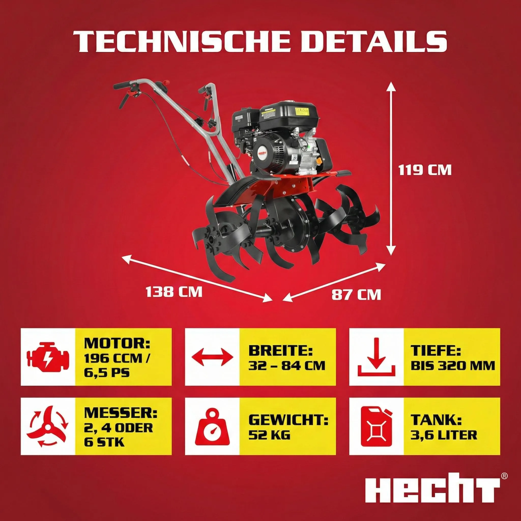 HECHT 785 Motorhacke Benzin | 32-84 cm Arbeitsbreite | 32 cm Arbeitstiefe | 6,5 PS | 4,5 kW | 196 cm³ – Bild 9