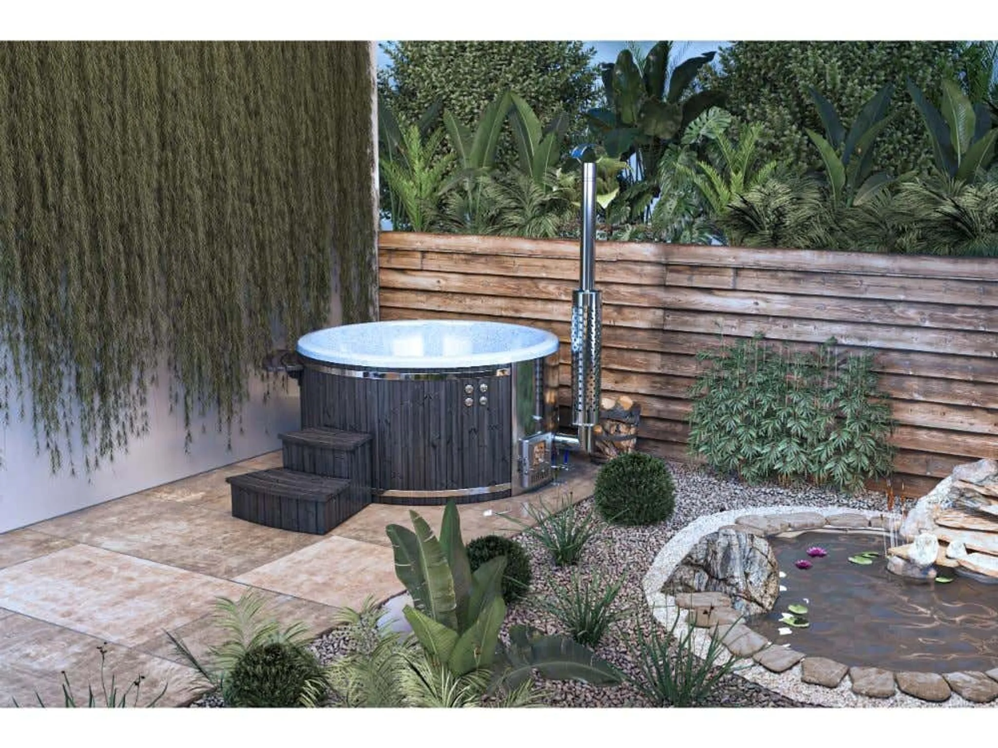 Finntherm Holz Badefass Stockholm aus Thermoholz, Whirlpool, Hot Tub Ø 200 cm, 8 Personen, inkl. Edelstahl-Ofen (30 kW), Minibar, Schwimmbecken, Badebottich – Bild 2