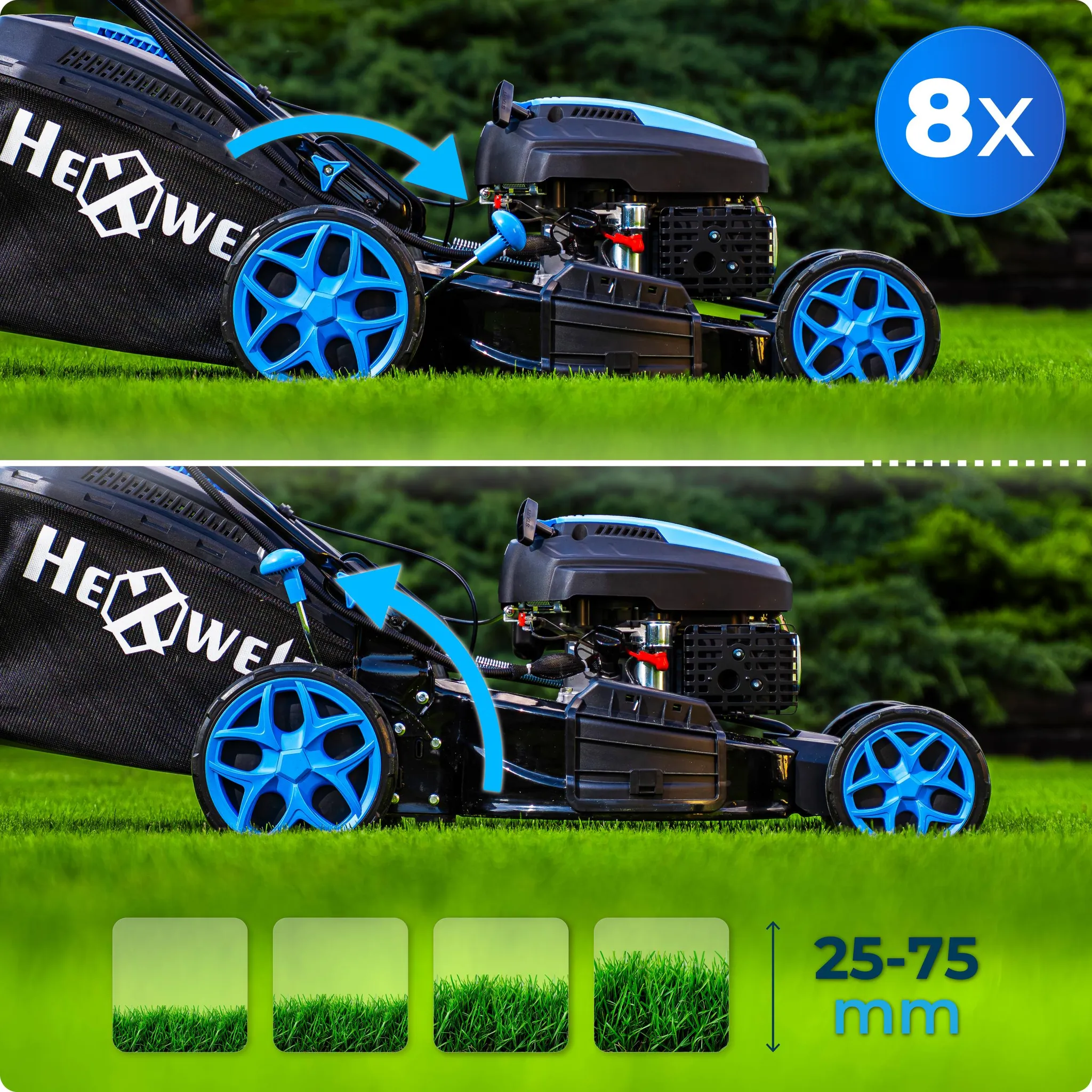 Hexwelt Benzin Rasenmäher mit Antrieb | Schnittbreite 56cm | Mulchfunktion | 60L | 4,4 kW Benzinmäher | 8 Stufen (25-75mm) | ultraleicht, kompakt | – Bild 7