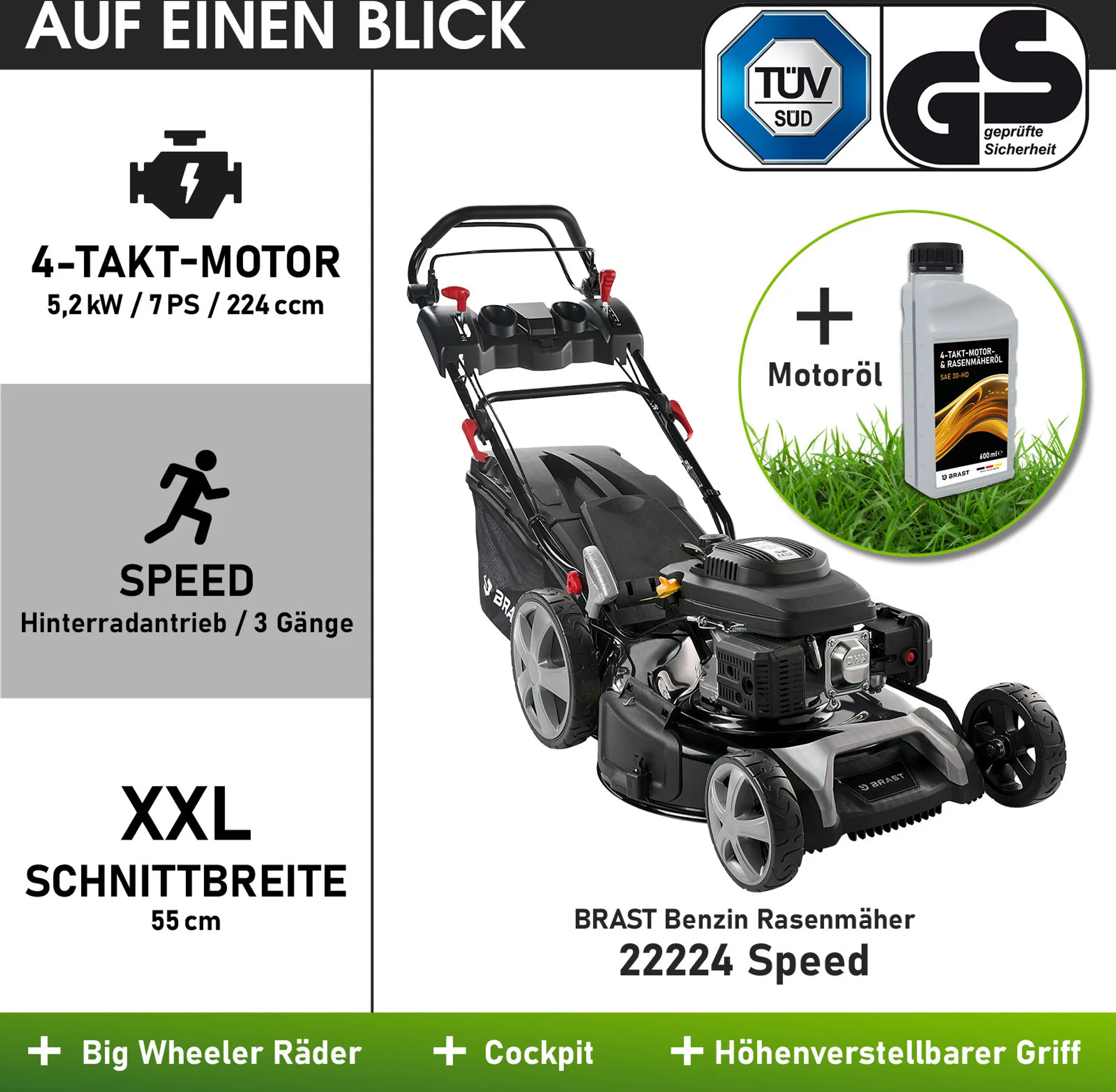 BRAST Benzin Rasenmäher 22224 SPEED inkl. Motoröl – Bild 9