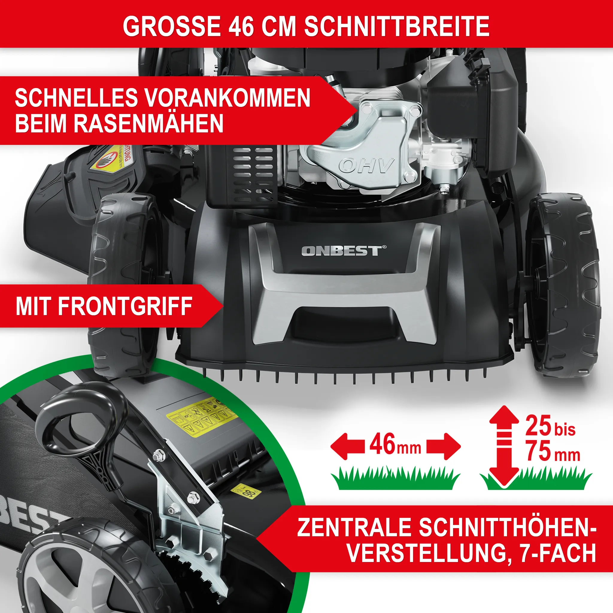 ONBEST TXC-3646 Rasenmäher Benzin | mit Antrieb | 46 cm Schnittbreite | 4,9 PS | Doppelmesser mit Sograd – Bild 2