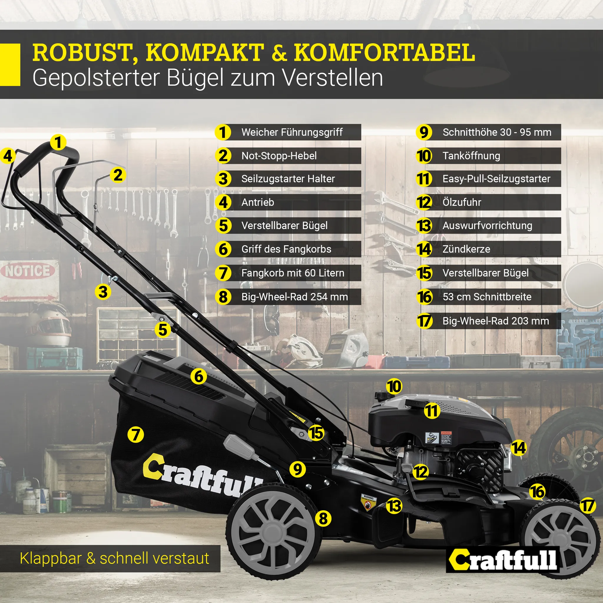 Craftfull Premium Benzin-Rasenmäher CR-196-30 | Selbstfahrantrieb - 53 cm Schnittbreite - 4 in 1 - Mähen - Mulchen - Heck- & Seitenauswurf - klappbar – Bild 8