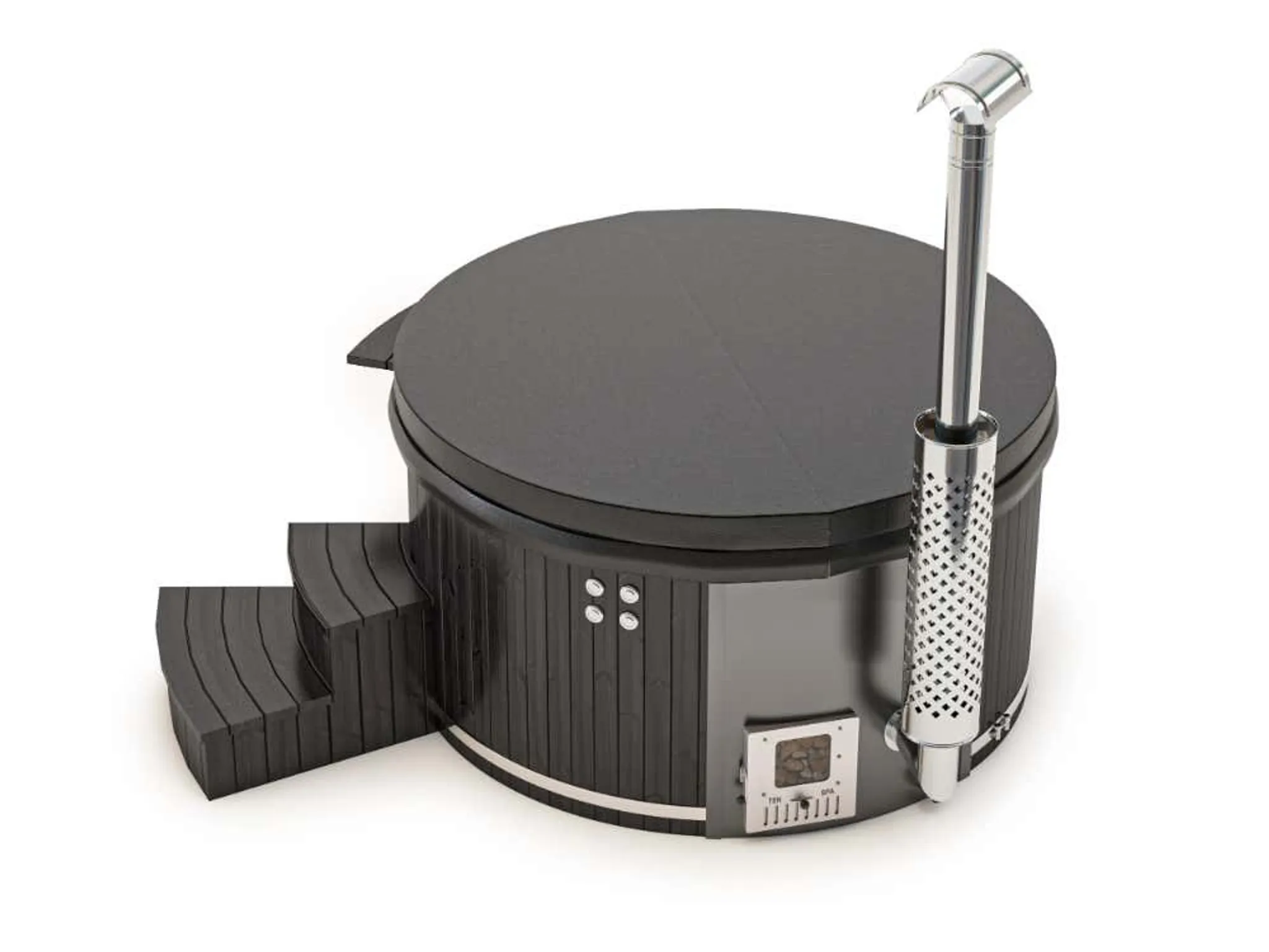 Finntherm Holz Badefass Stockholm aus Thermoholz, Whirlpool, Hot Tub Ø 200 cm, 8 Personen, inkl. Edelstahl-Ofen (30 kW), Minibar, Schwimmbecken, Badebottich – Bild 3