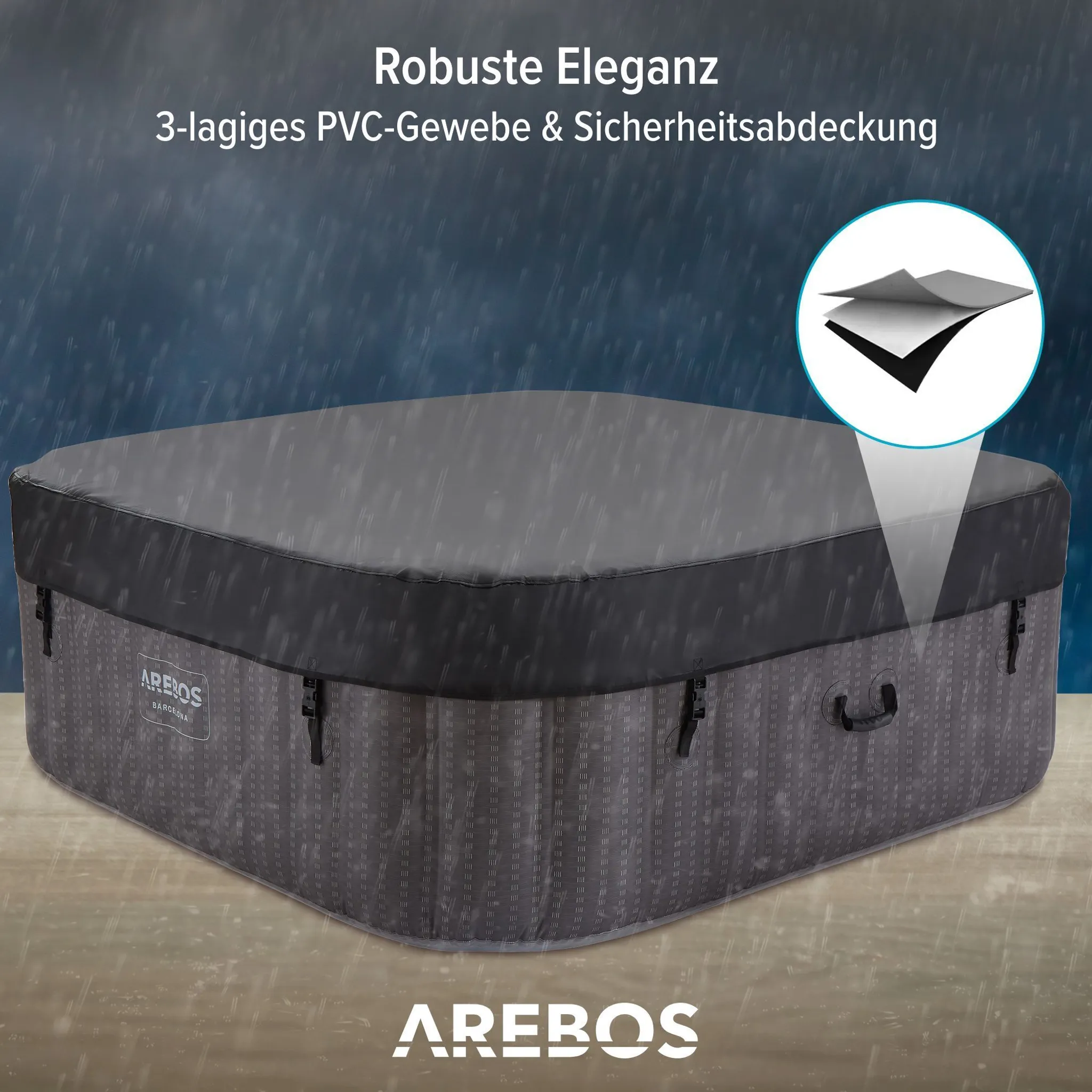AREBOS Aufblasbarer Whirlpool "Barcelona", 185x185 cm, In- & Outdoor, mit Heizung, 910 Liter, Inkl. Abdeckung, Bubble Spa & Wellness Massage 6 Person – Bild 6