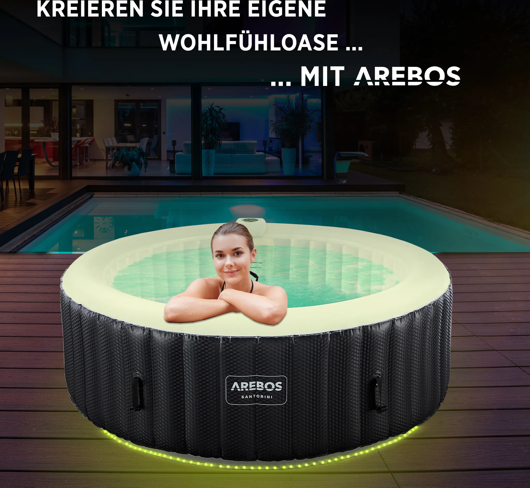 AREBOS Whirlpool, aufblasbar, 6 Pers., Ø 208 cm, 1000L, LED, 130 Düsen, Abdeckung – Bild 3