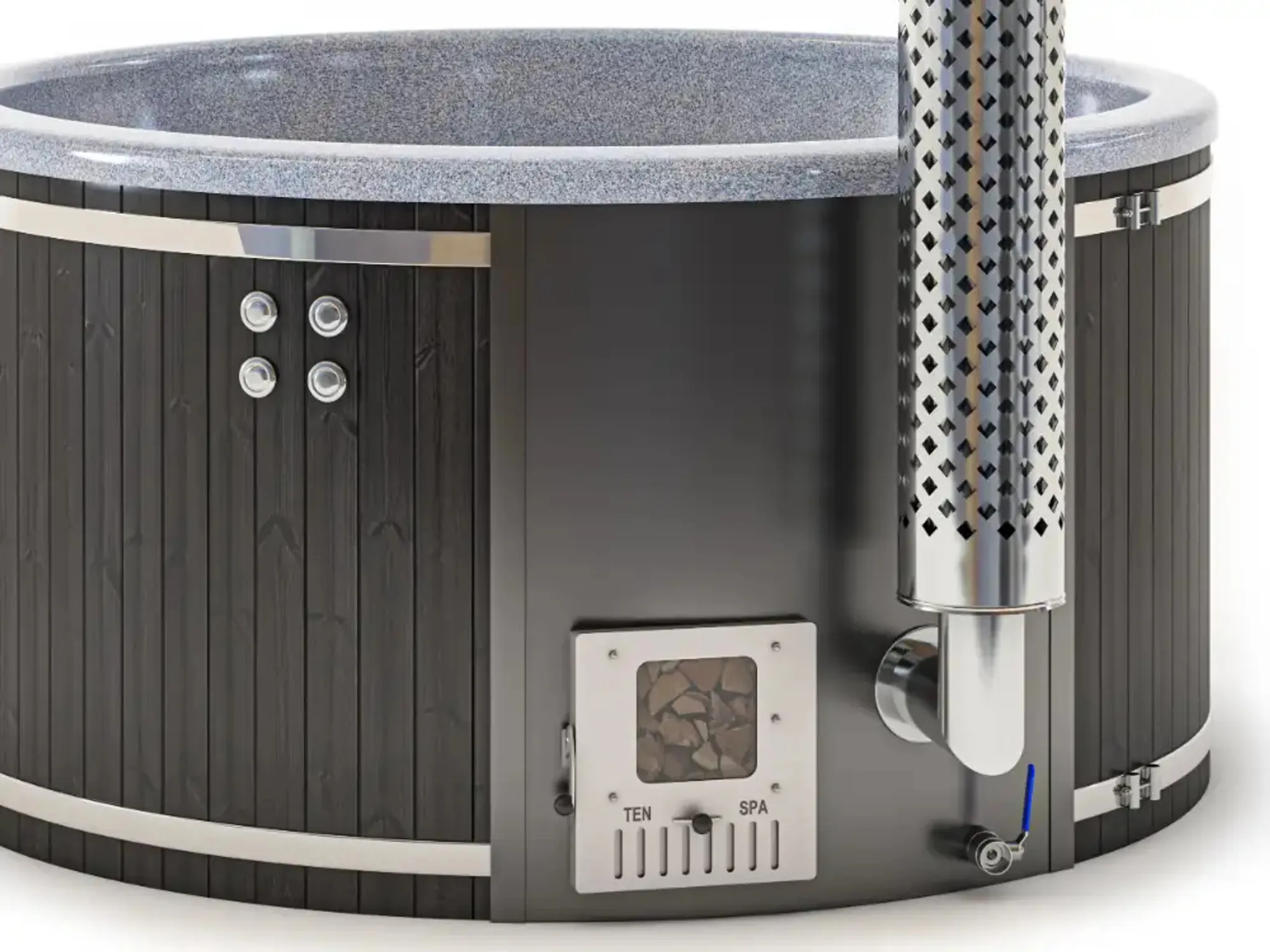 Finntherm Holz Badefass Stockholm aus Thermoholz, Whirlpool, Hot Tub Ø 200 cm, 8 Personen, inkl. Edelstahl-Ofen (30 kW), Minibar, Schwimmbecken, Badebottich – Bild 5