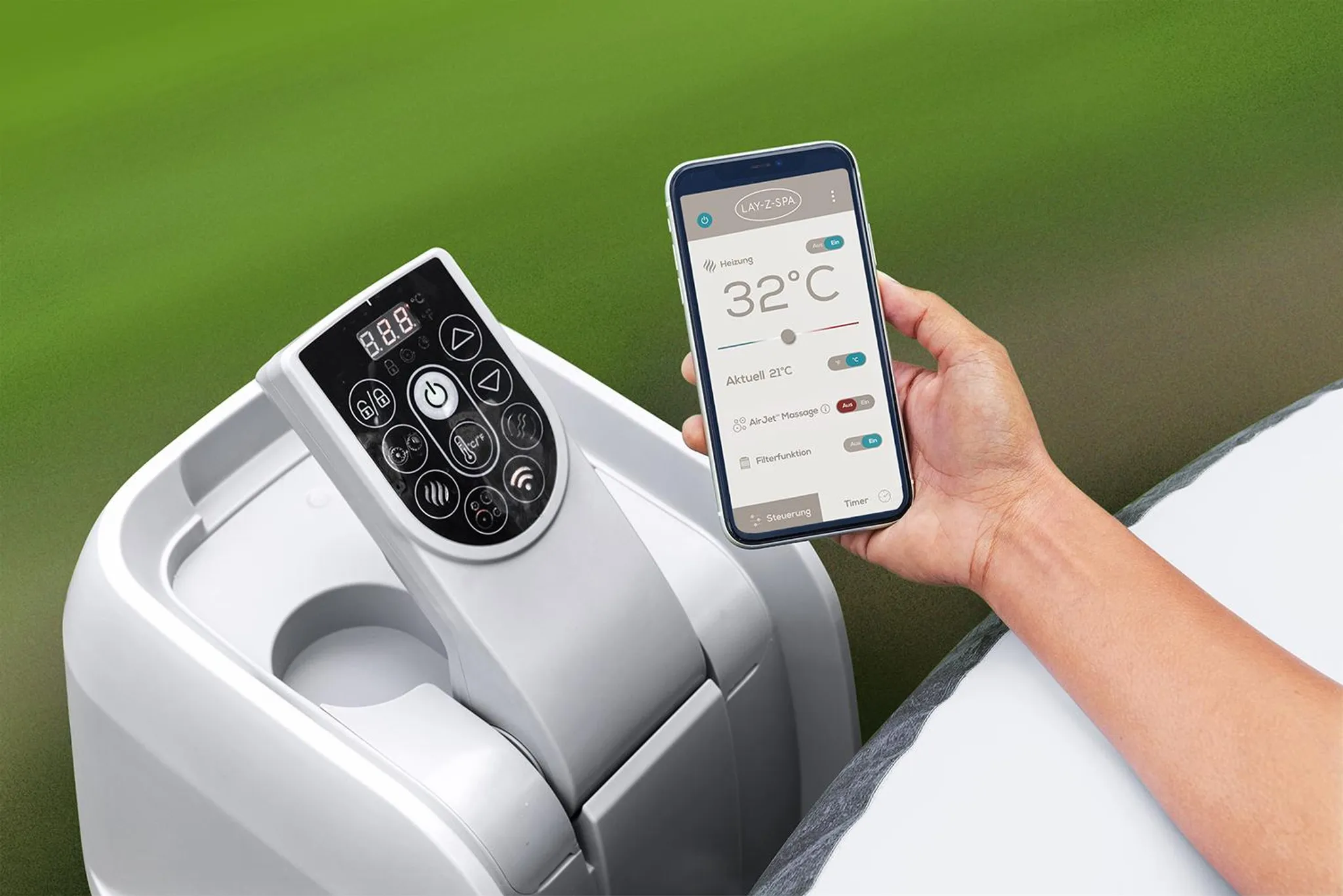 Bestway® LAY-Z-SPA® Energiespar-Whirlpool San Francisco HydroJet Pro™ mit App-Steuerung, für 7 Personen 230 x 230 x 71 cm, Marmor-Optik (Samtgrau) – Bild 7