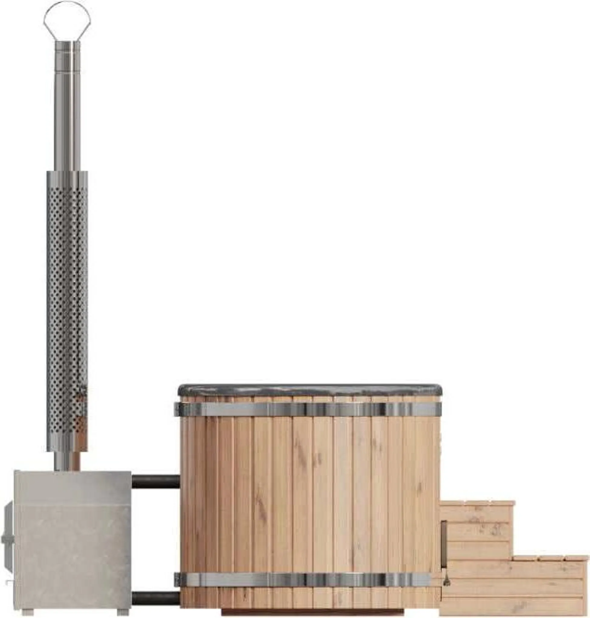 FinnTherm Holz Badefass Malmö aus Thermoholz, Whirlpool, Hot Tub 185 x 118 x 96 cm, 8 Personen, inkl. Edelstahl-Ofen (24 kW), inkl. Deckel und Deckel Schwimmbecken, Badebottich, Sprudelbad – Bild 3