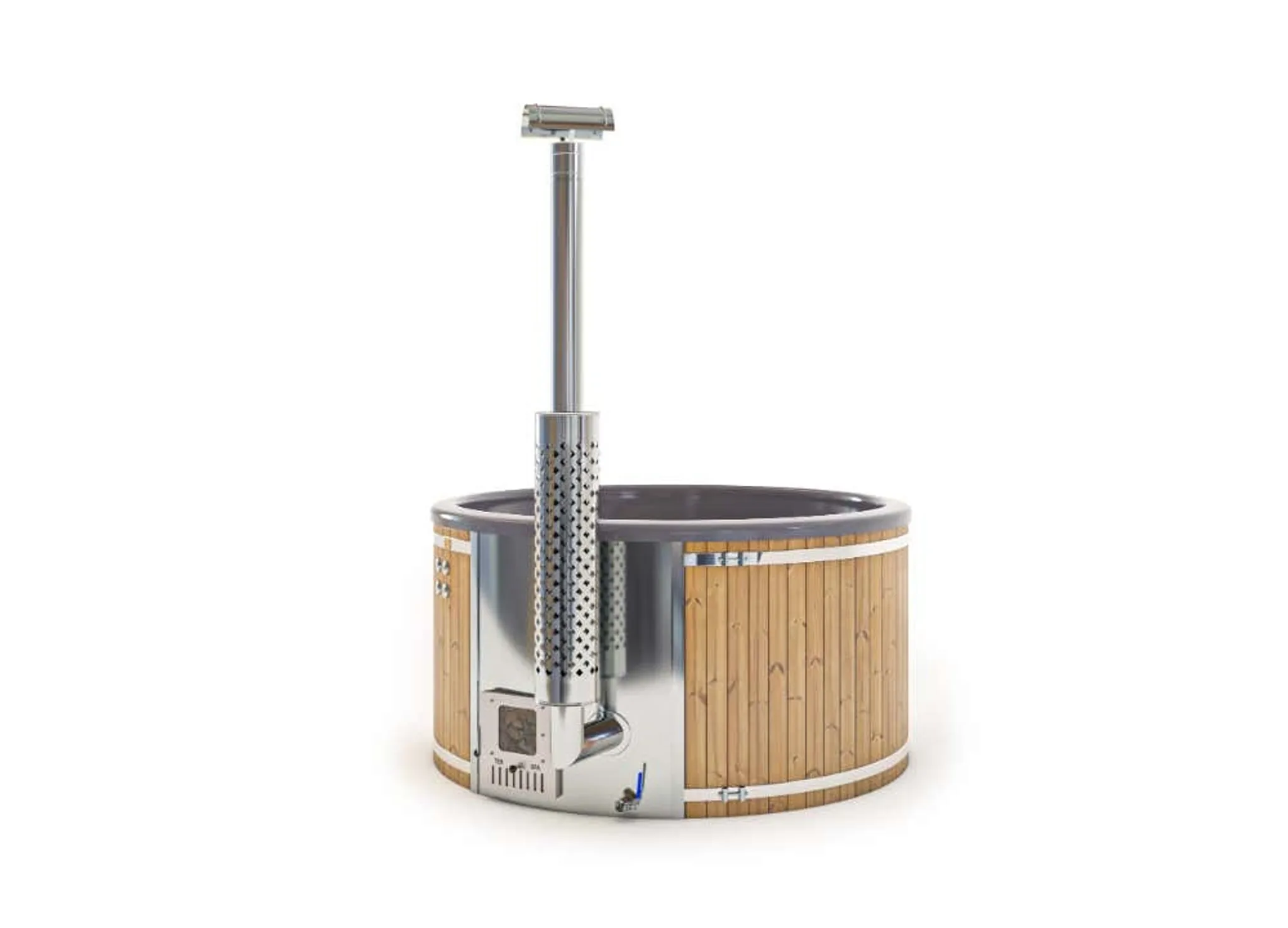 Finntherm Holz Badefass Stockholm aus Thermoholz, Whirlpool, Hot Tub Ø 180 cm, in Anthrazit, 8 Personen, inkl. Edelstahl-Ofen (30 kW), Schwimmbecken, Badebottich, Sprudelbad – Bild 4