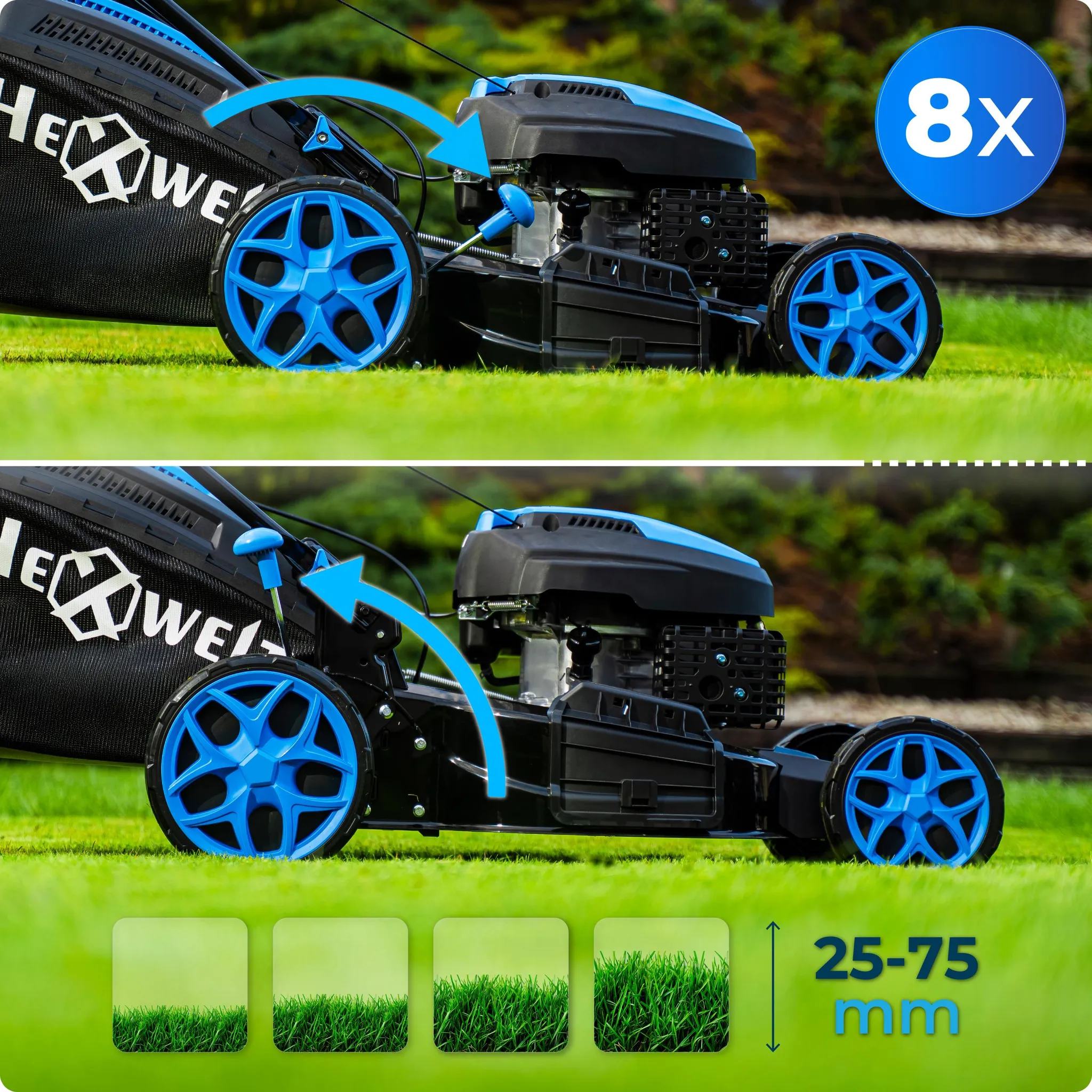 Hexwelt Benzin Rasenmäher mit Antrieb | Schnittbreite 51cm | Mulchfunktion | 60L | 3,8 kW Benzinmäher | 8 Stufen (25-75mm) | ultraleicht, kompakt | – Bild 6