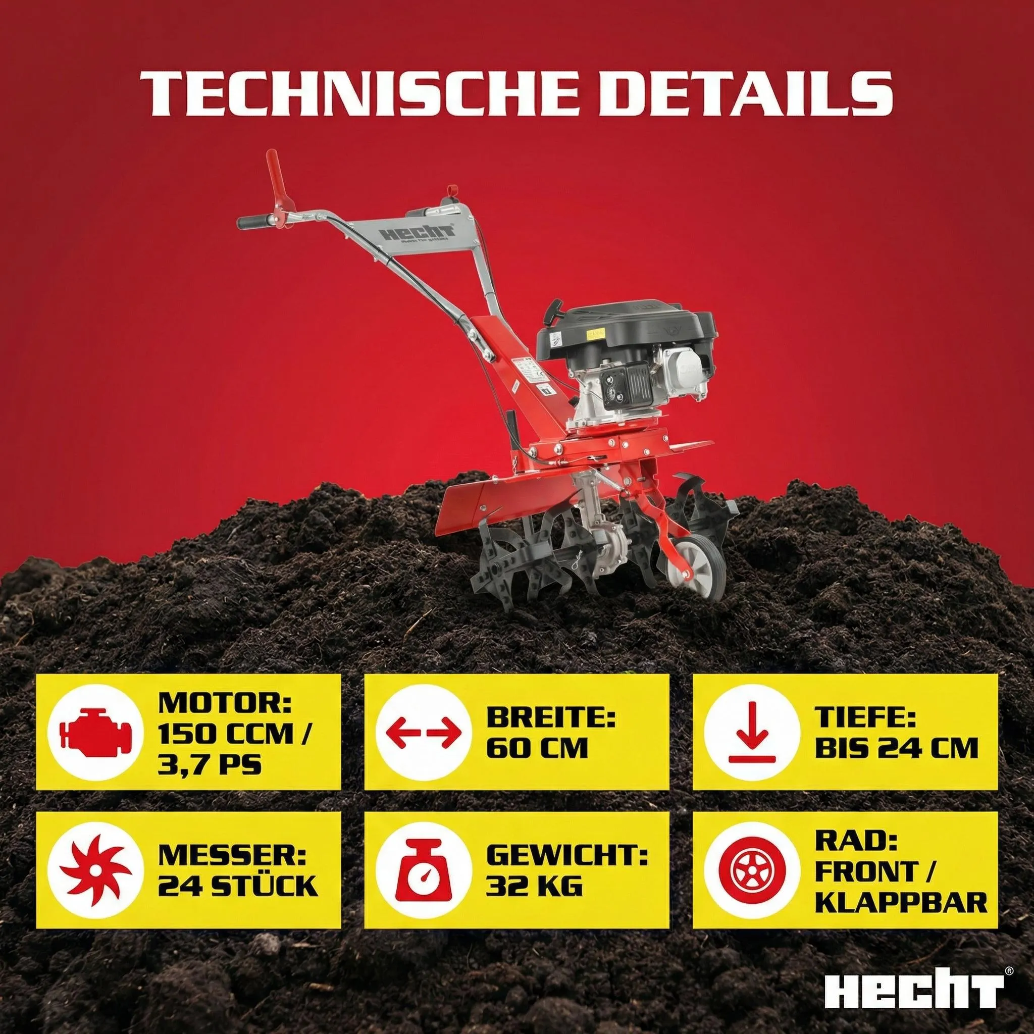 HECHT Gartenfräse Benzin 746 R | 60 cm Arbeitsbreite | 3,7 PS | 24 cm Arbeitstiefe | 24 Hackmesser – Bild 5
