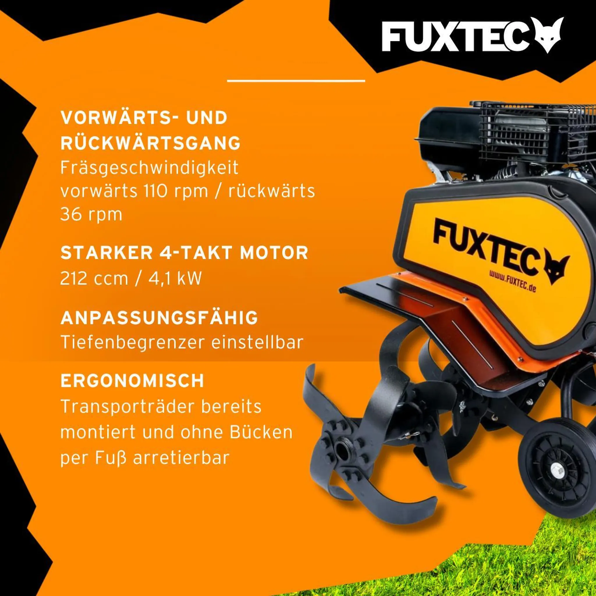 FUXTEC Ackerfräse FX-AF1212 - 85cm Breite | 4-Takt | 212ccm | 58kg | 0,6l | 4,1kw | Seilzugstarter – Bild 5