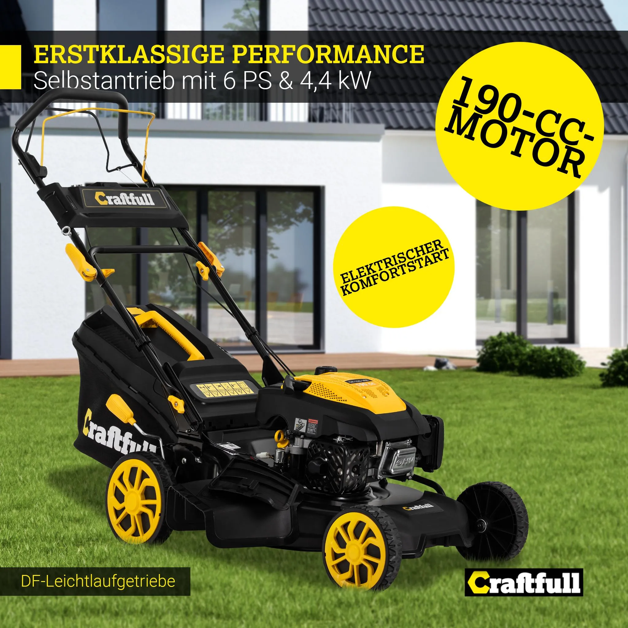 Craftfull Benzin Rasenmäher | 4-in-1 - 190 ccm Motor - 53 cm Schnittbreite - 6 PS - Elektrostarter - Mulchfunktion - Seitenauswurf - 60 Liter Fangkorb – Bild 4