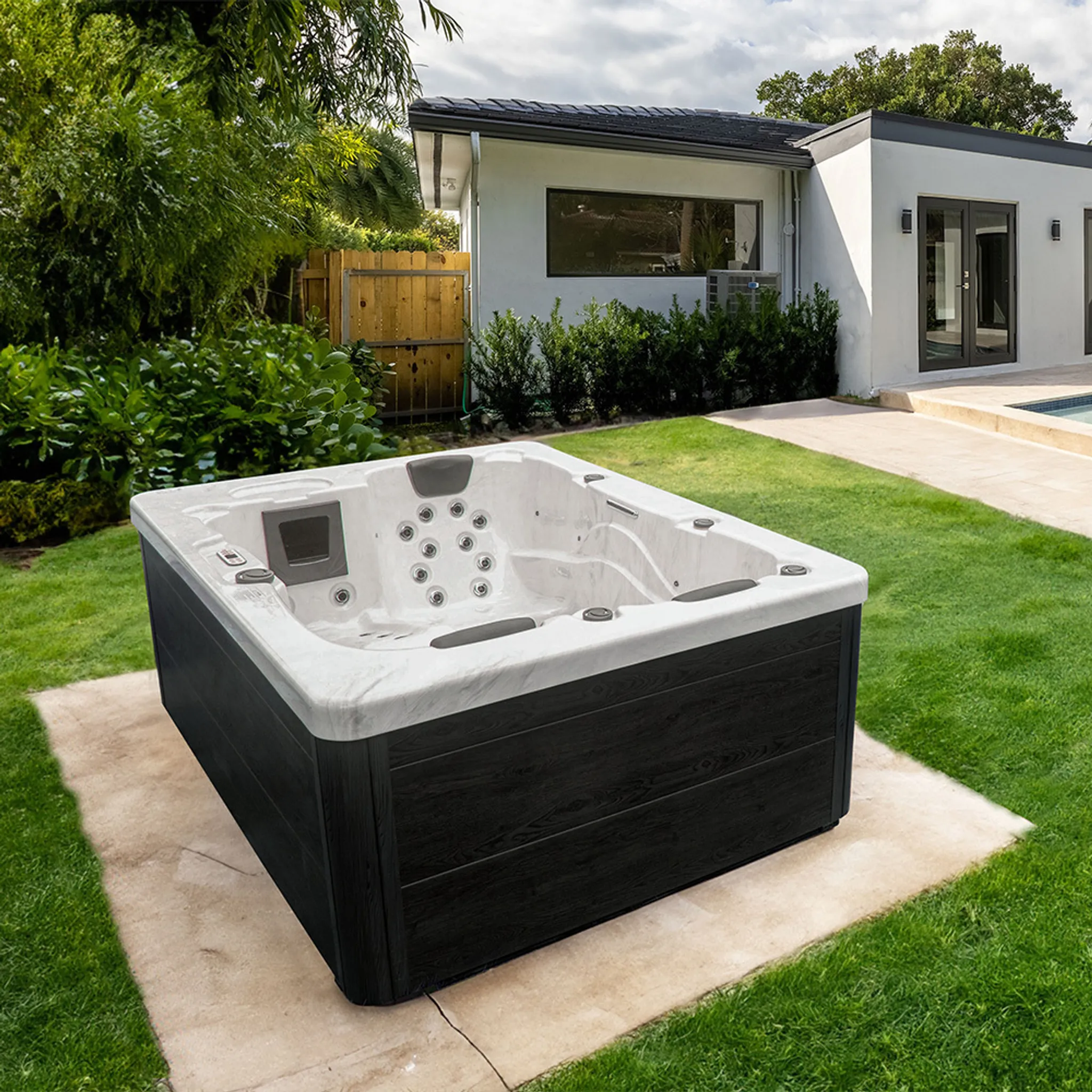 HOME DELUXE - Outdoor Whirlpool - WHITE MARBLE PURE - Maße: 210 x 160 x 85 cm - Inkl. Heizung, 27 Massagedüsen und 9 Lichtquellen I Außen Whirlpool Spa für 3 Personen – Bild 2