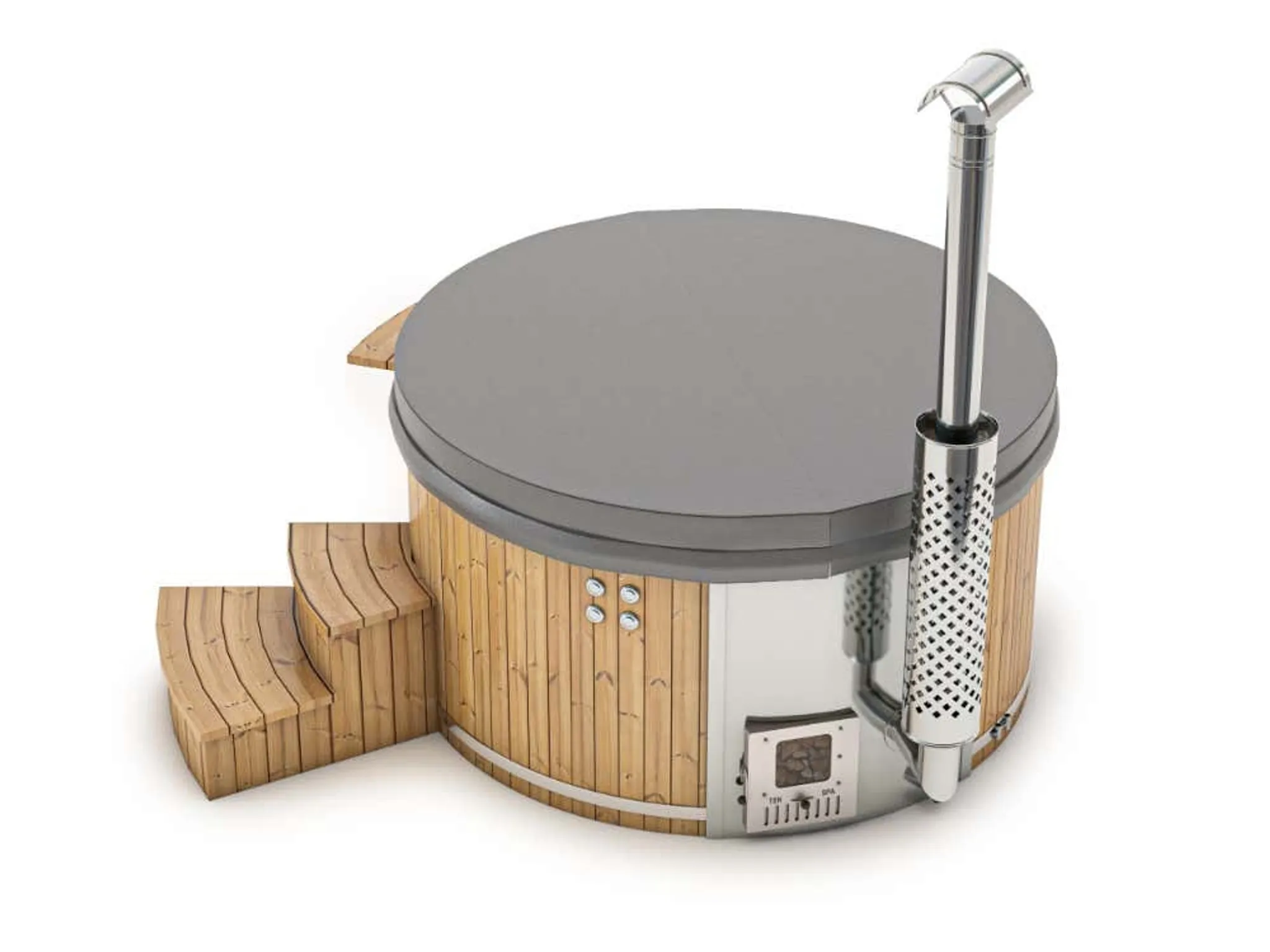 Finntherm Holz Badefass Stockholm aus Thermoholz, Whirlpool, Hot Tub Ø 180 cm, in Anthrazit, 8 Personen, inkl. Edelstahl-Ofen (30 kW), Schwimmbecken, Badebottich, Sprudelbad – Bild 3