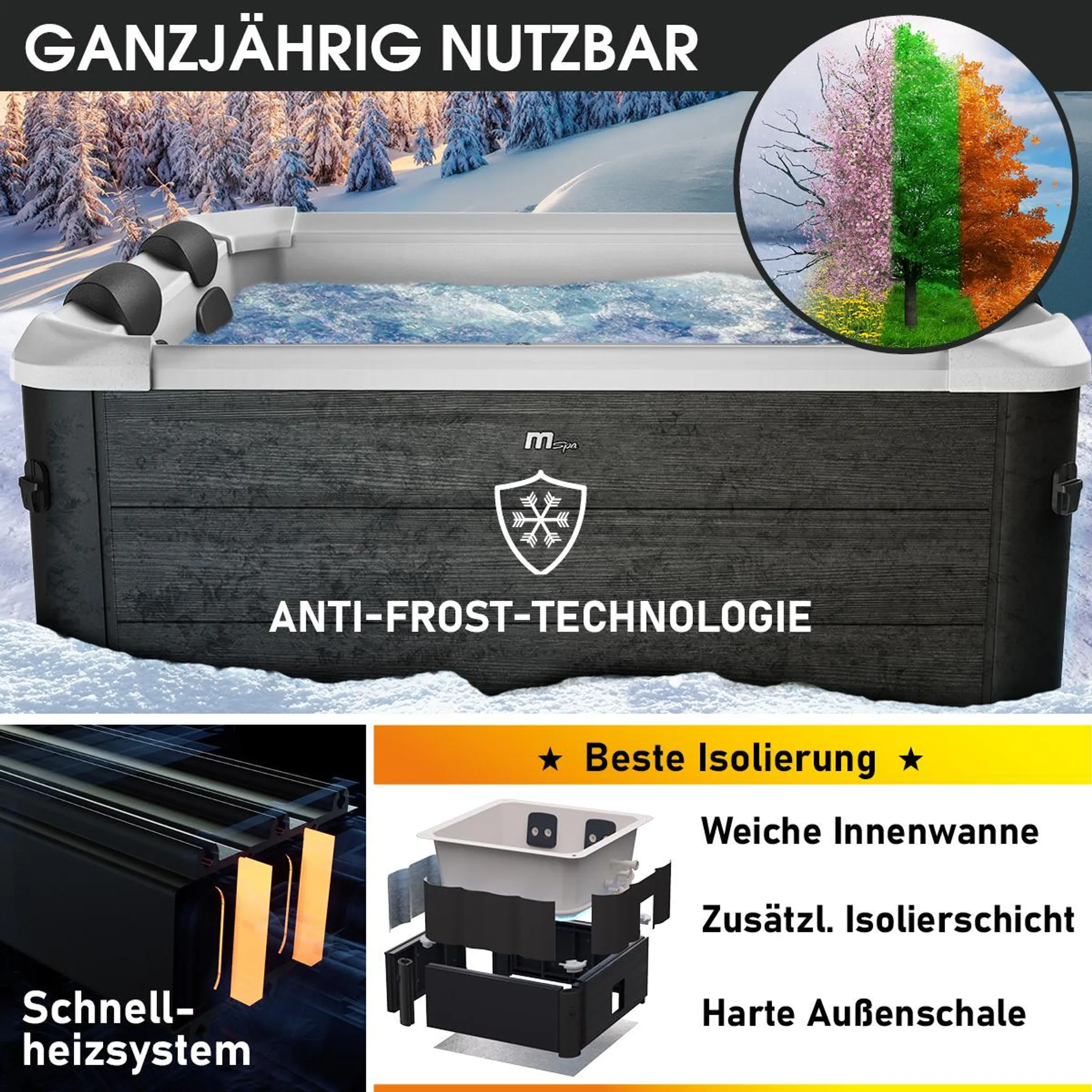 BRAST Whirlpool MSpa Oslo Plus XXL mit Fester Außenwand | LED-Beleuchtung 20 einstellbare Farben für 6 Personen | 180x180x65cm | 140 Massagedüsen | Ganzjähriger Einsatz Winterfest | In & Outdoor Pool – Bild 9
