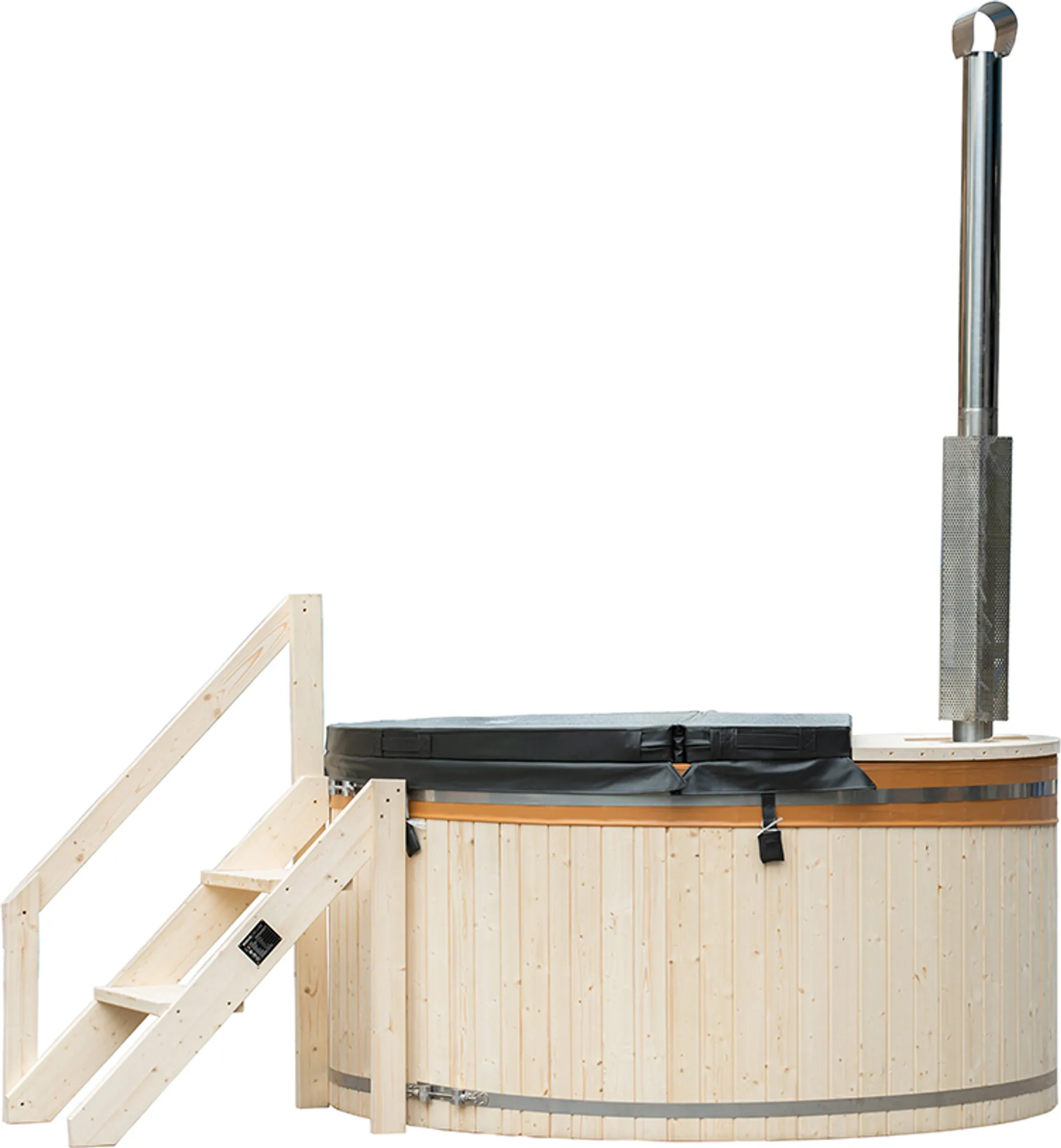 HOME DELUXE - Hot Tub SKANDI - Größe L, ⌀ 210 cm, Außenhöhe 100 cm, Nordische Fichte, inkl. Abdeckung, Treppe und Ofen I Badefass Badetonne Whirlpool