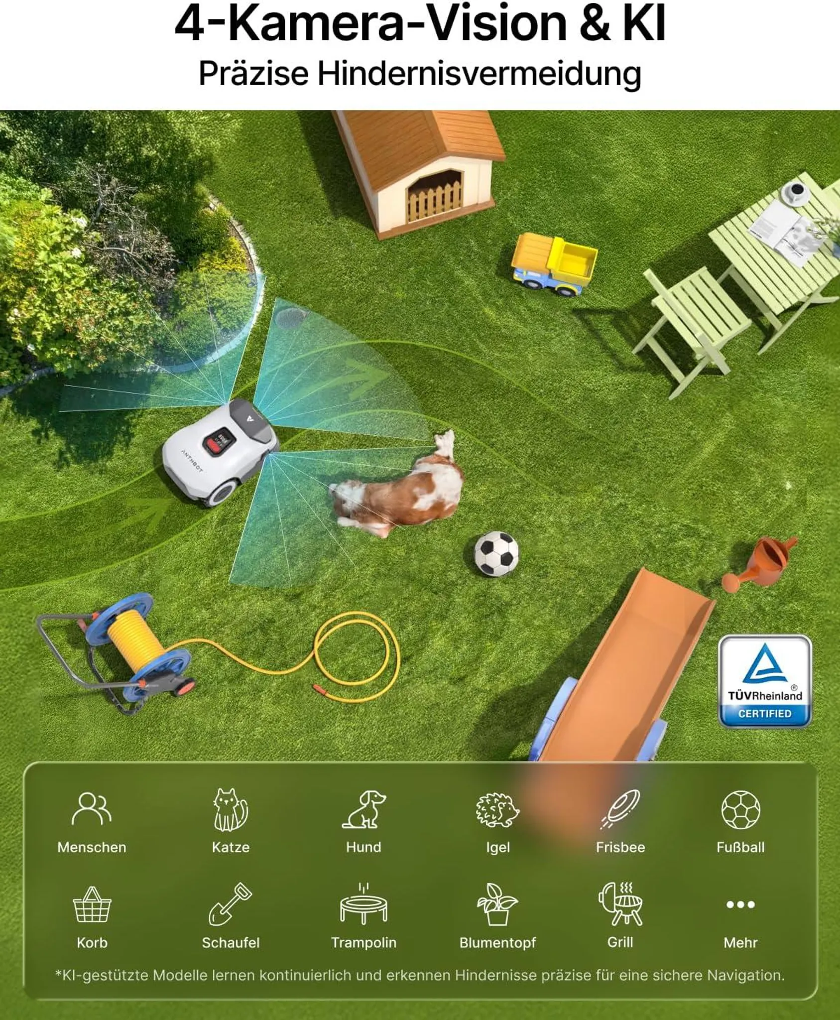 ANTHBOT Genie 600 RTK Mähroboter + 15 Messer – für 900m² ohne Draht – Quad-Vision KI, Kantenmähen, Mulchfunktion, 58dB – Bild 4