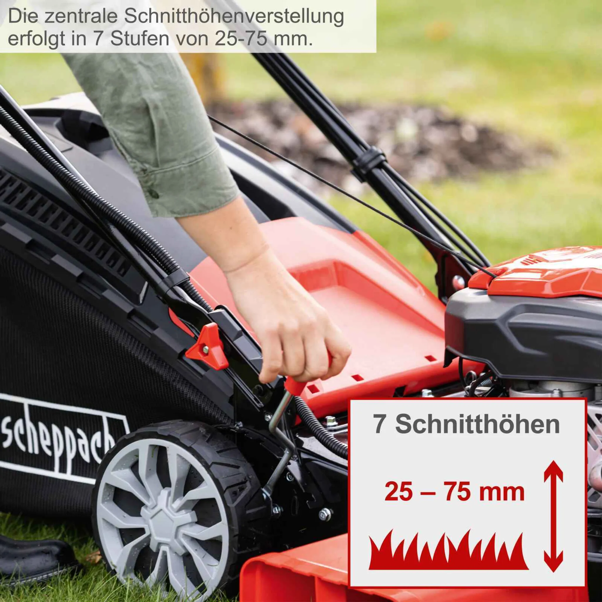 Scheppach MS225-56E Benzin Rasenmäher - E-Start | 6PS | 56cm Schnittbreite | Radantrieb | 65L Fangkorb | inkl. Motoröl + 2Ah Akku + 2,4A Ladegerät – Bild 7