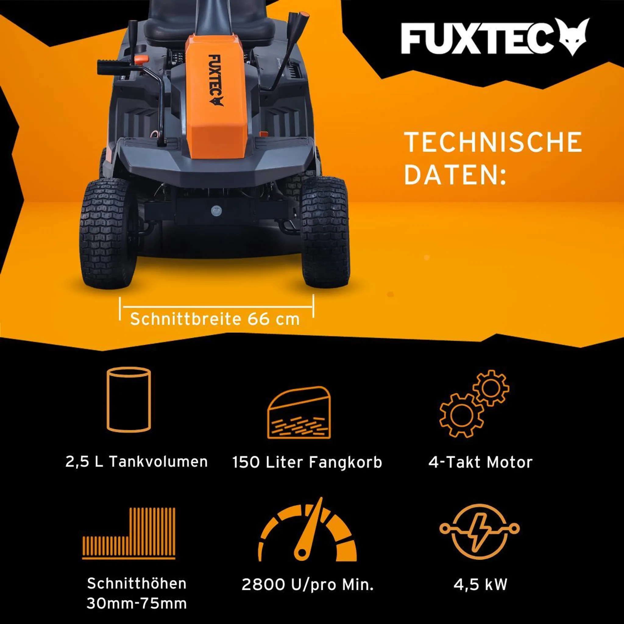 FUXTEC Aufsitzmäher FX-RMR66, Rasentraktor 6PS, Schnittbreite 66 cm, 150 L Fangsack, Schnitthöhe verstellbar, inkl. Trichter für Seitenauswurf – Bild 3