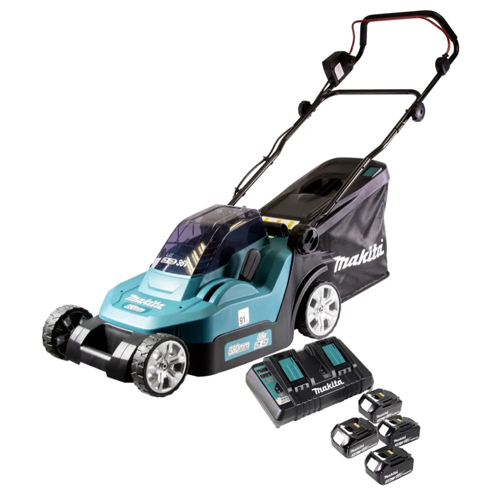 Makita DLM 432 PF4 Akku Rasenmäher 36 V ( 2x 18 V ) 43 cm Brushless + 4x Akku 3,0 Ah + Doppel Ladegerät – Bild 2