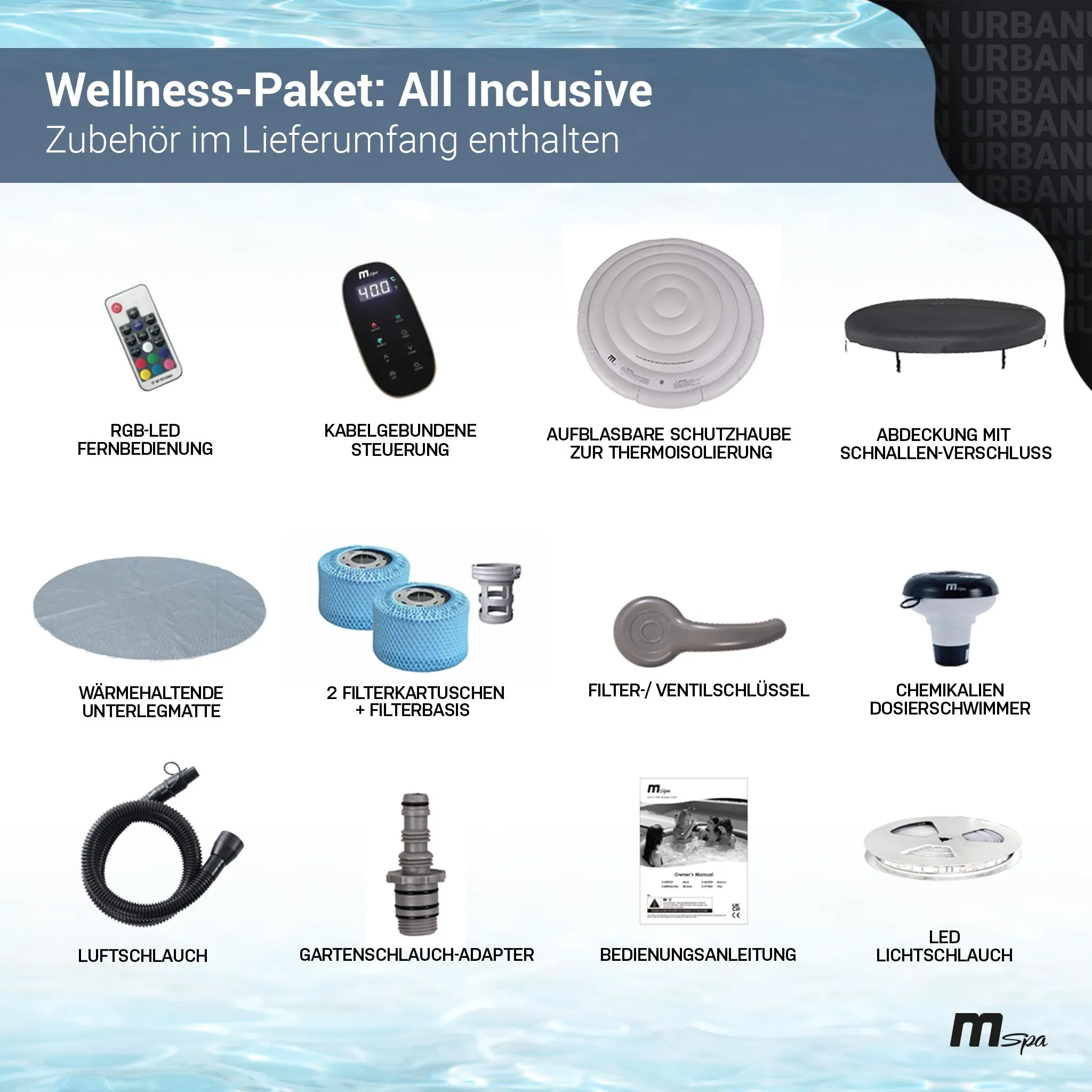 MSpa Whirlpool Urban Aurora | 6 Personen Pool - aufblasbar - UVC+ Filter - LED RGB Band - Ozon-Desinfektion - Anti-Frost - mit Zubehör - 204 x 70 cm – Bild 9